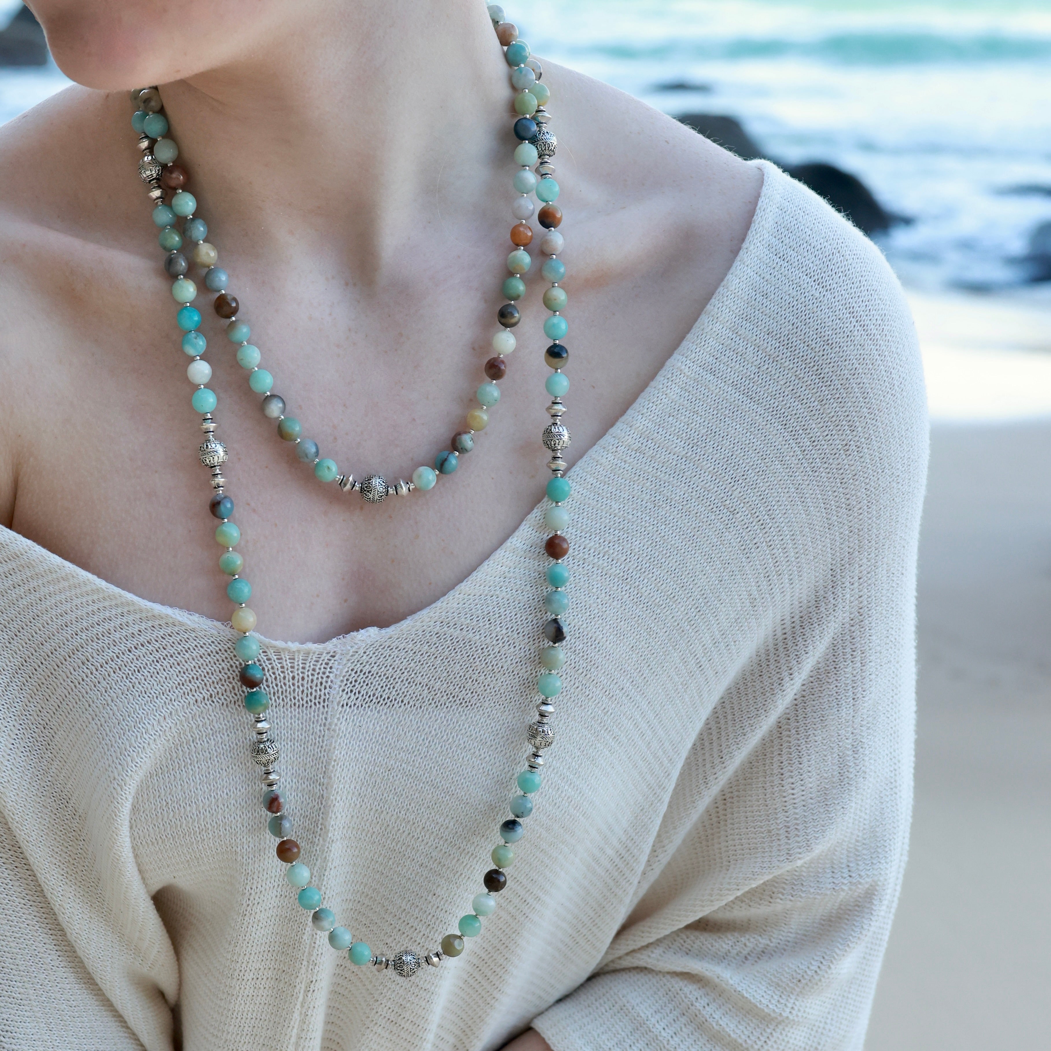 LONG Amazonite & Silver BEADED NECKLACE - Headless Nation