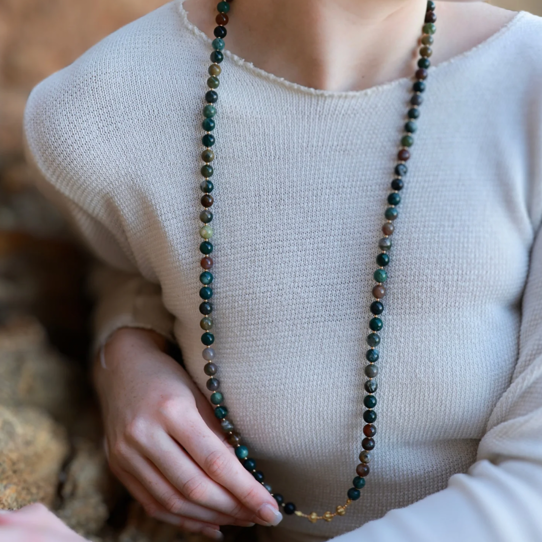 LONG Indian Agate & Gold BEADED NECKLACE - Headless Nation