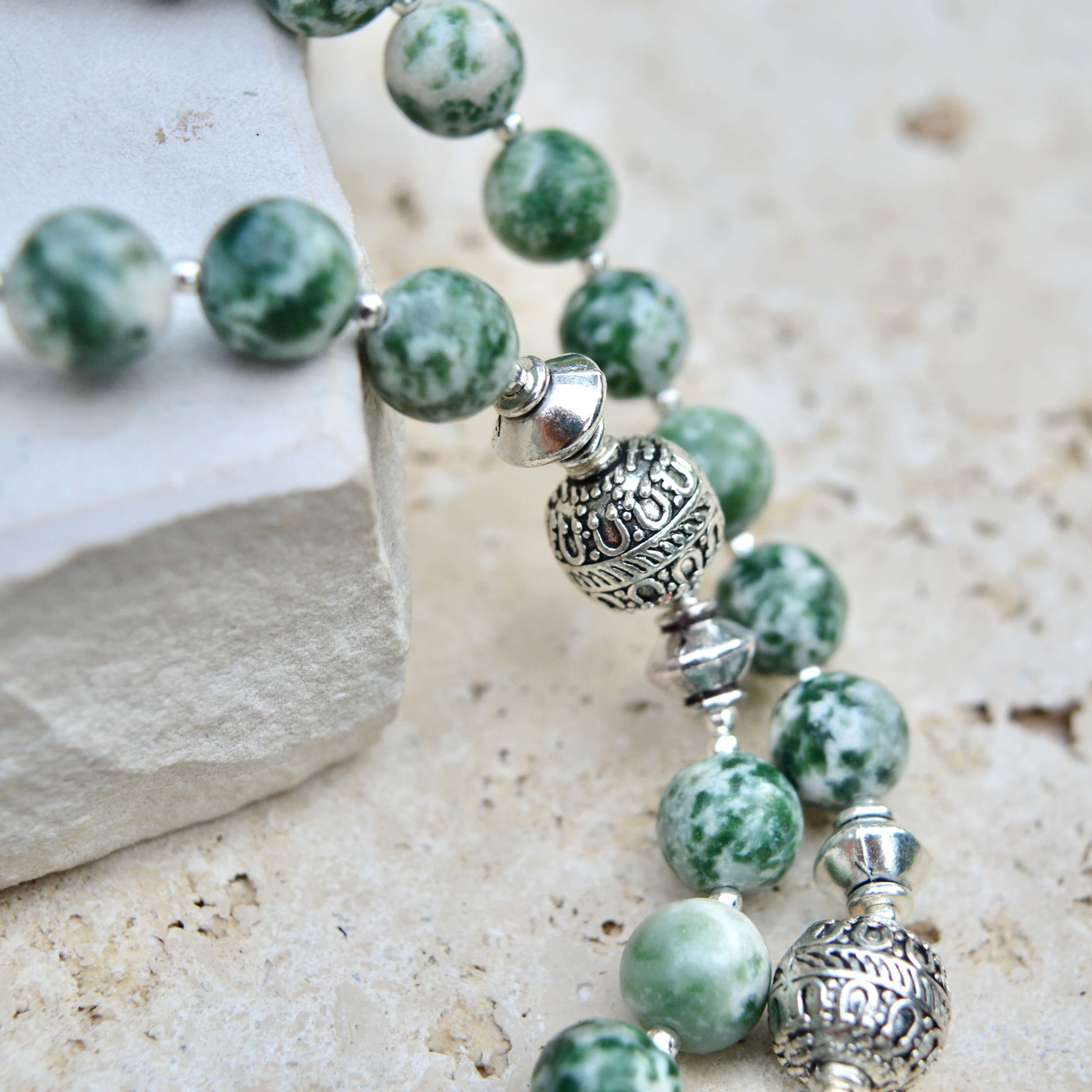 LONG Greenspot Jasper & Silver BEADED NECKLACE - Headless Nation