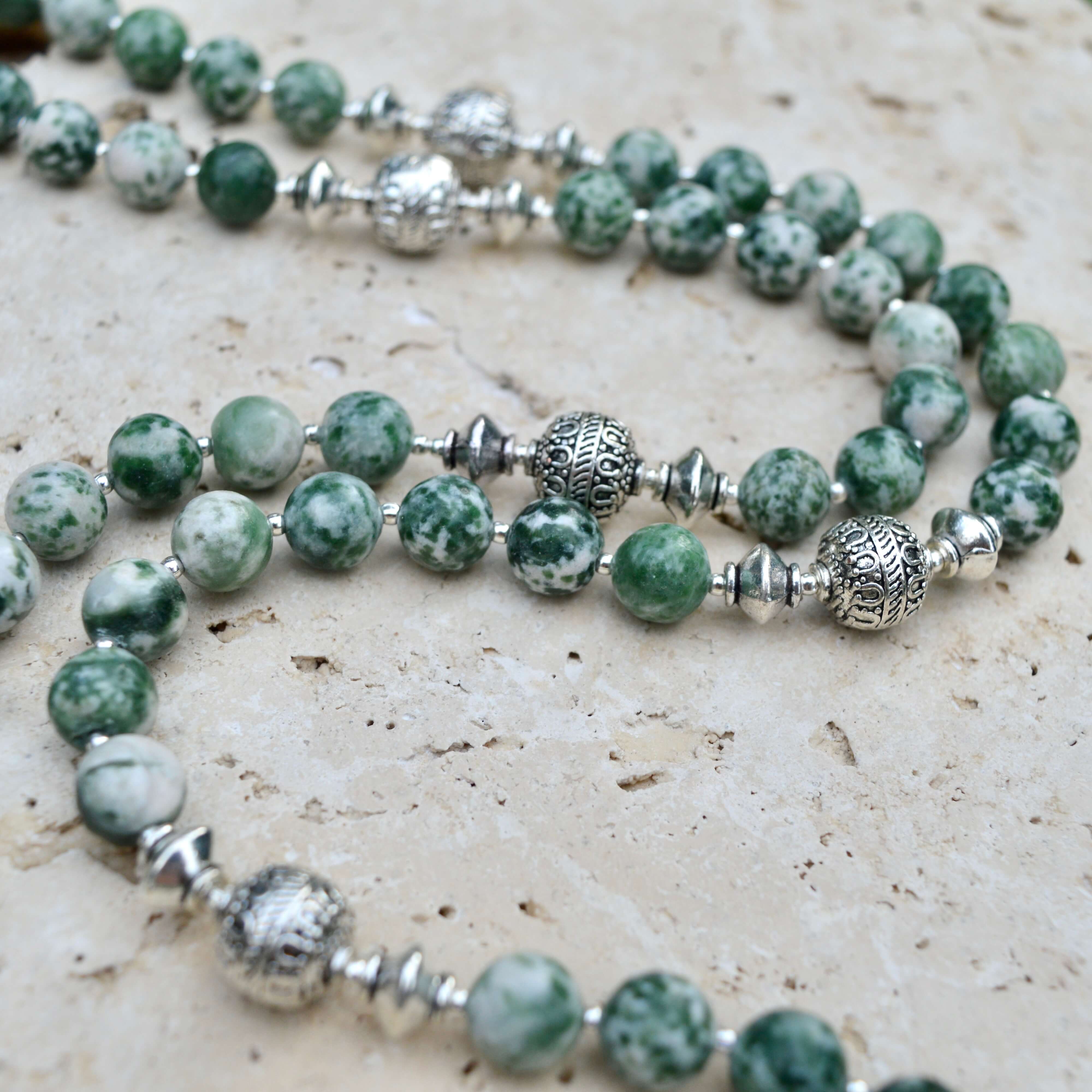 LONG Greenspot Jasper & Silver BEADED NECKLACE - Headless Nation
