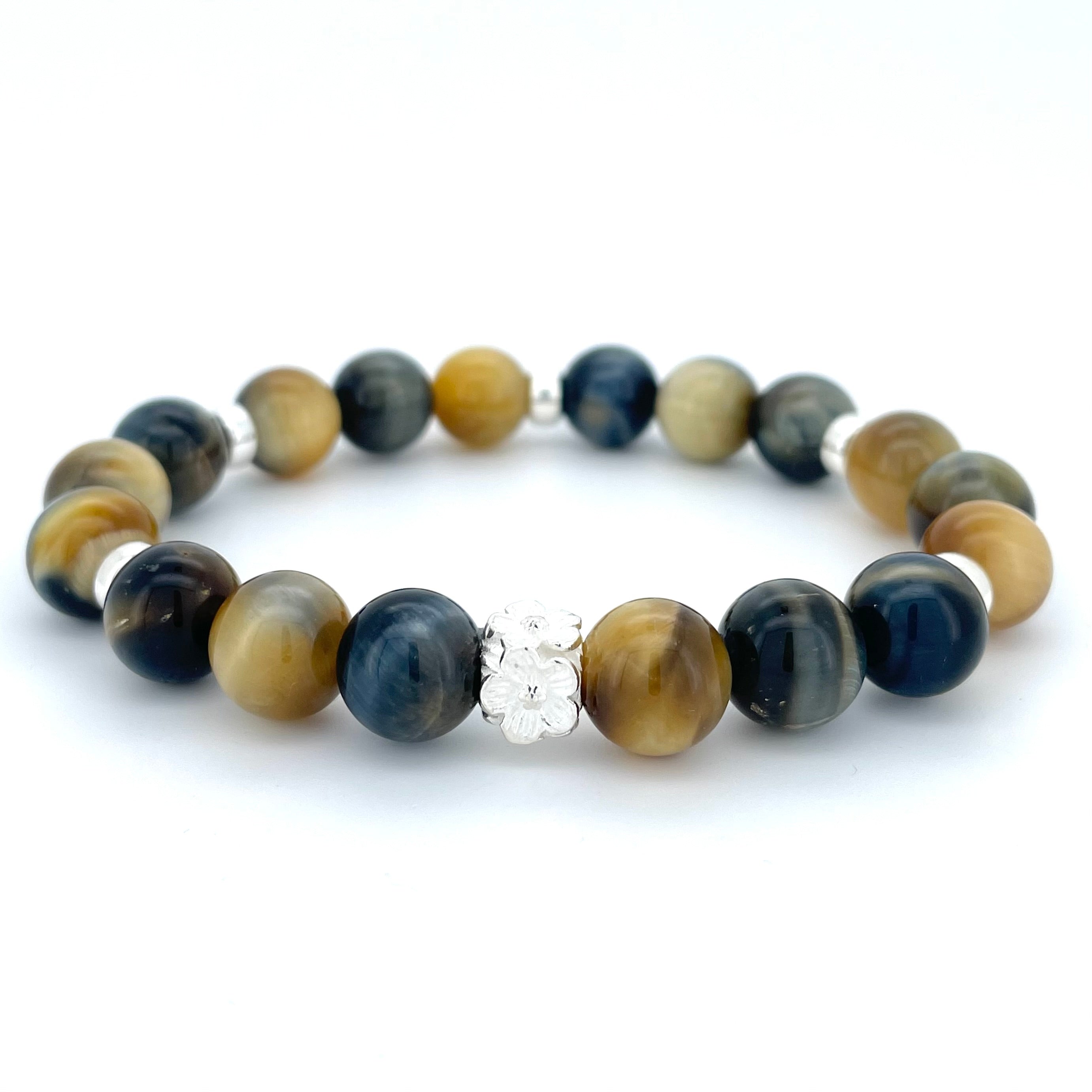 YELLOW AND BLUE TIGERS EYE & STERLING SILVER BEADED BRACELET- - Headless Nation