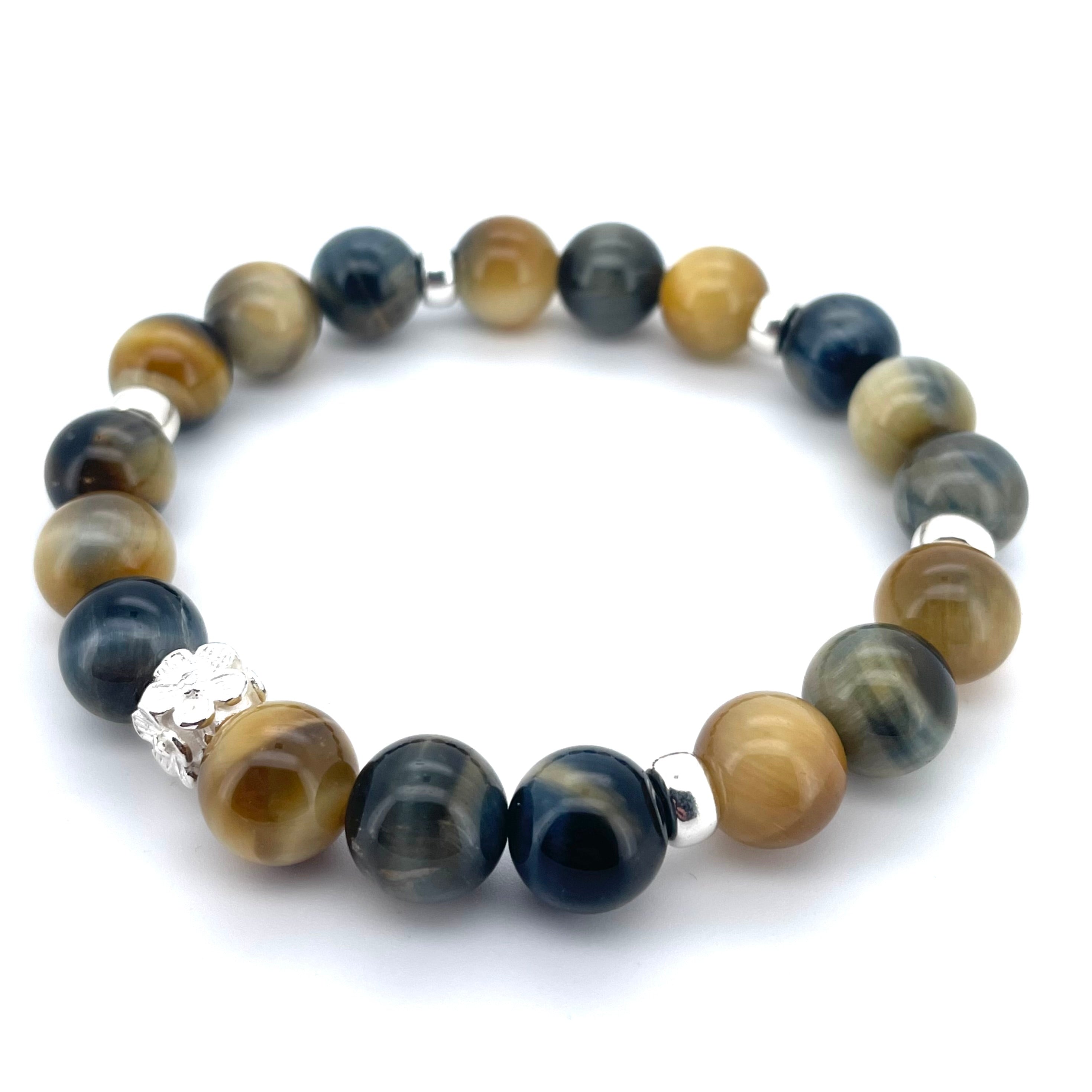 YELLOW AND BLUE TIGERS EYE & STERLING SILVER BEADED BRACELET- - Headless Nation