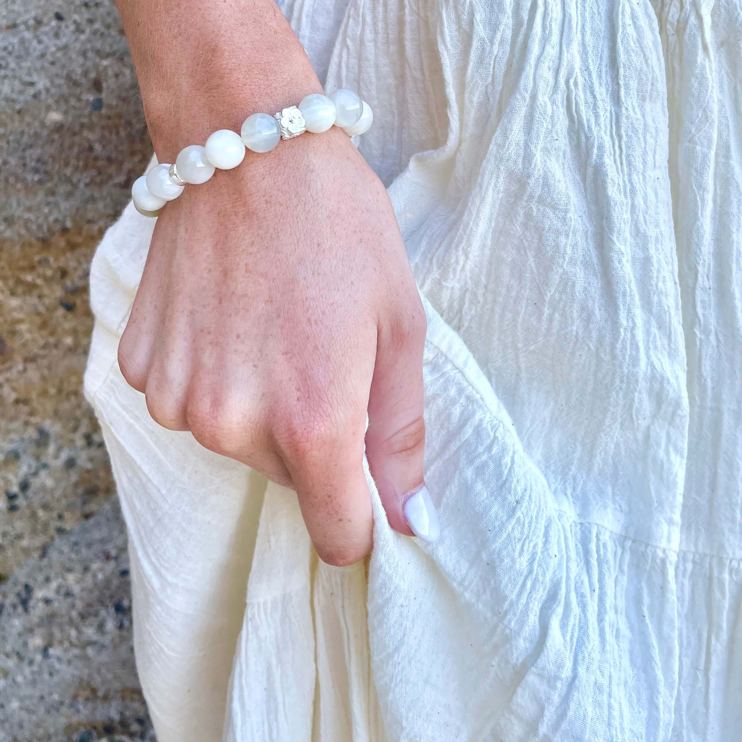 WHITE MOONSTONE & STERLING SILVER BEADED BRACELET- - Headless Nation