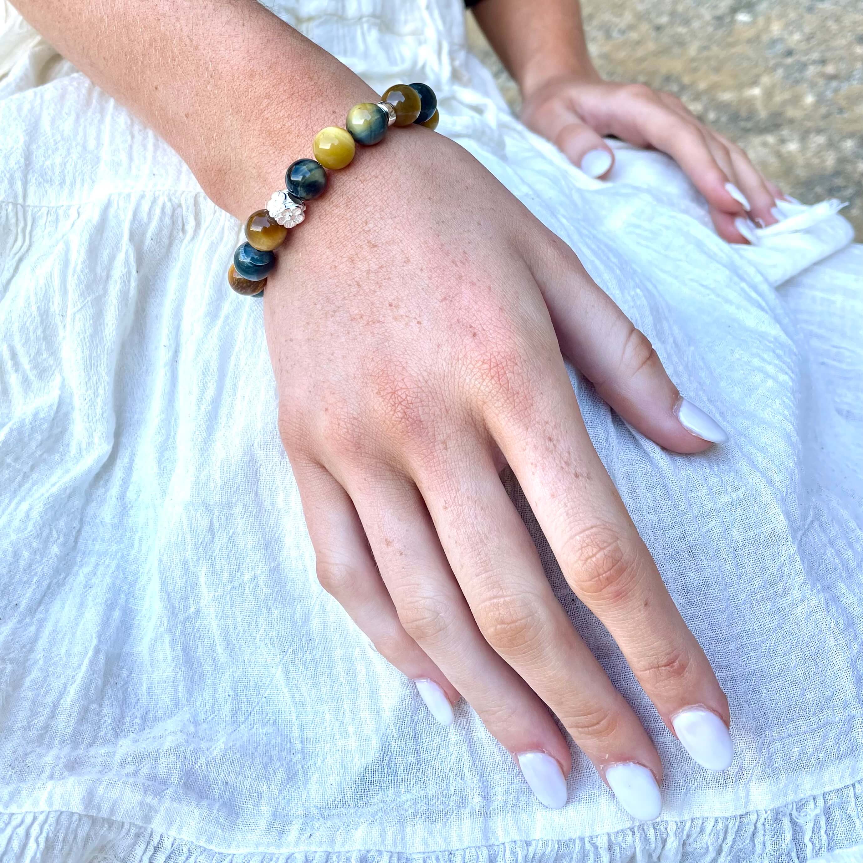 YELLOW AND BLUE TIGERS EYE & STERLING SILVER BEADED BRACELET- - Headless Nation