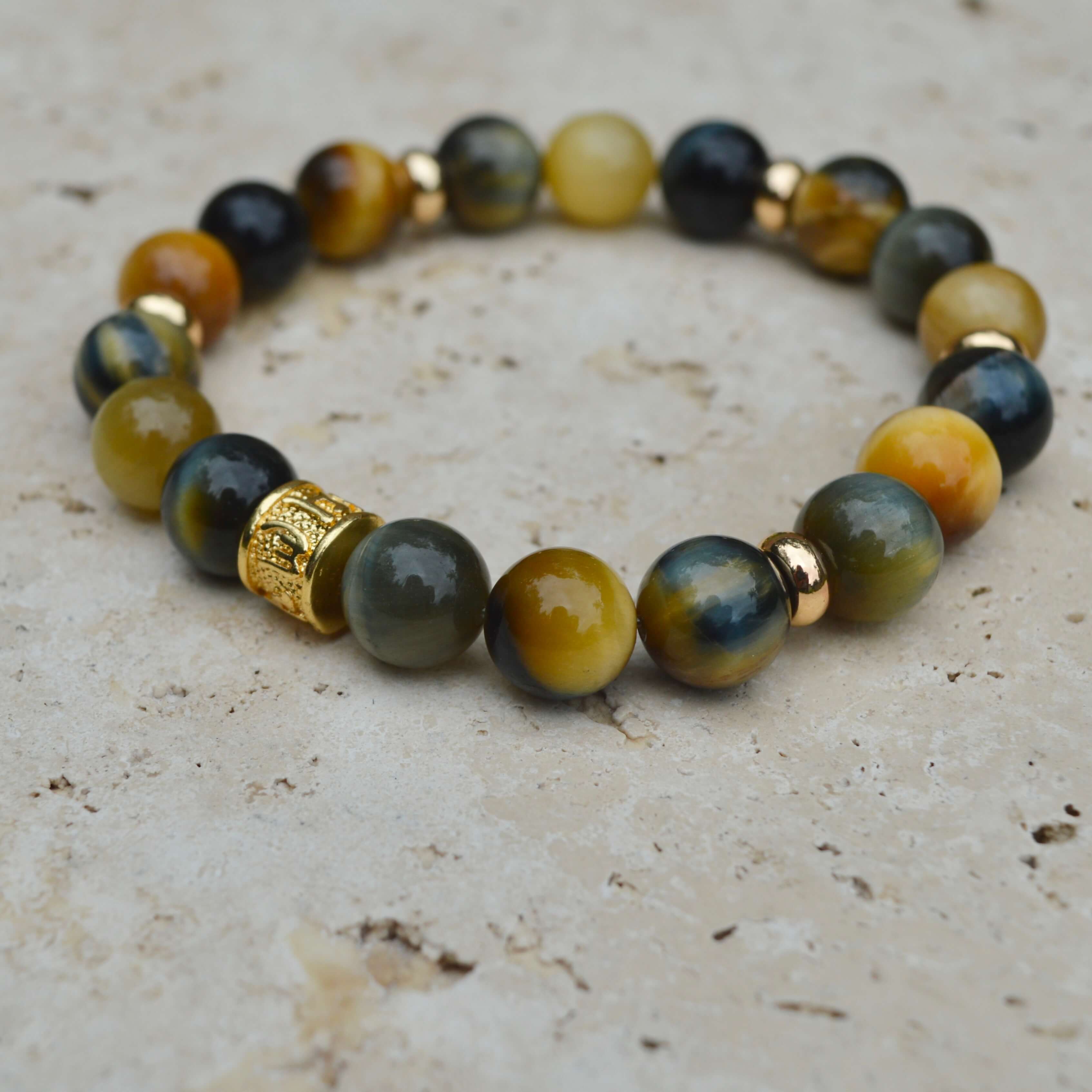 YELLOW & BLUE TIGERS EYE- GOLD BEADED BRACELET - HALCYON COLLECTION - Headless Nation