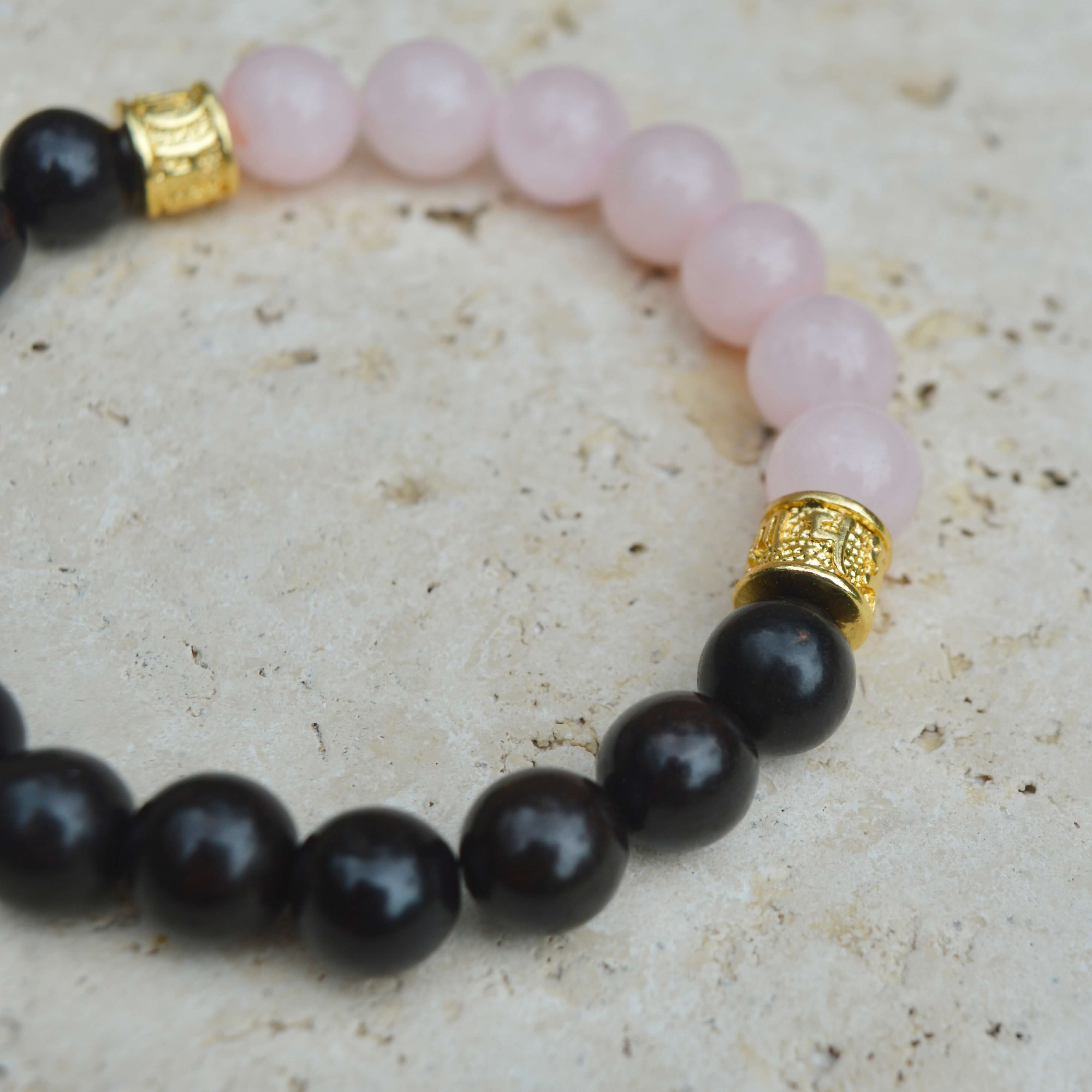 ROSE QUARTZ & EBONY WOODEN BEADED BRACELET - Headless Nation