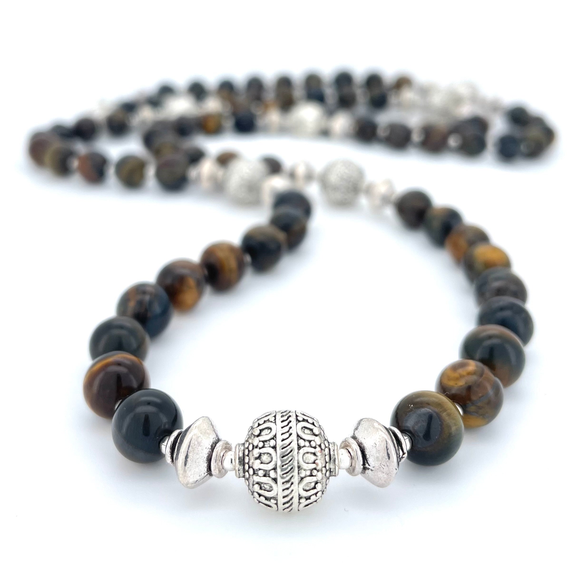 LONG Blue Tigers Eye & Silver BEADED NECKLACE - Headless Nation