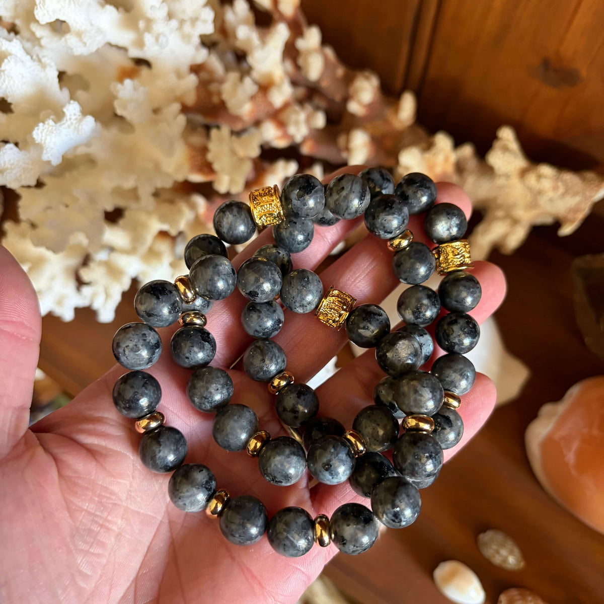 LARVIKITE-GOLD BEADED BRACELET