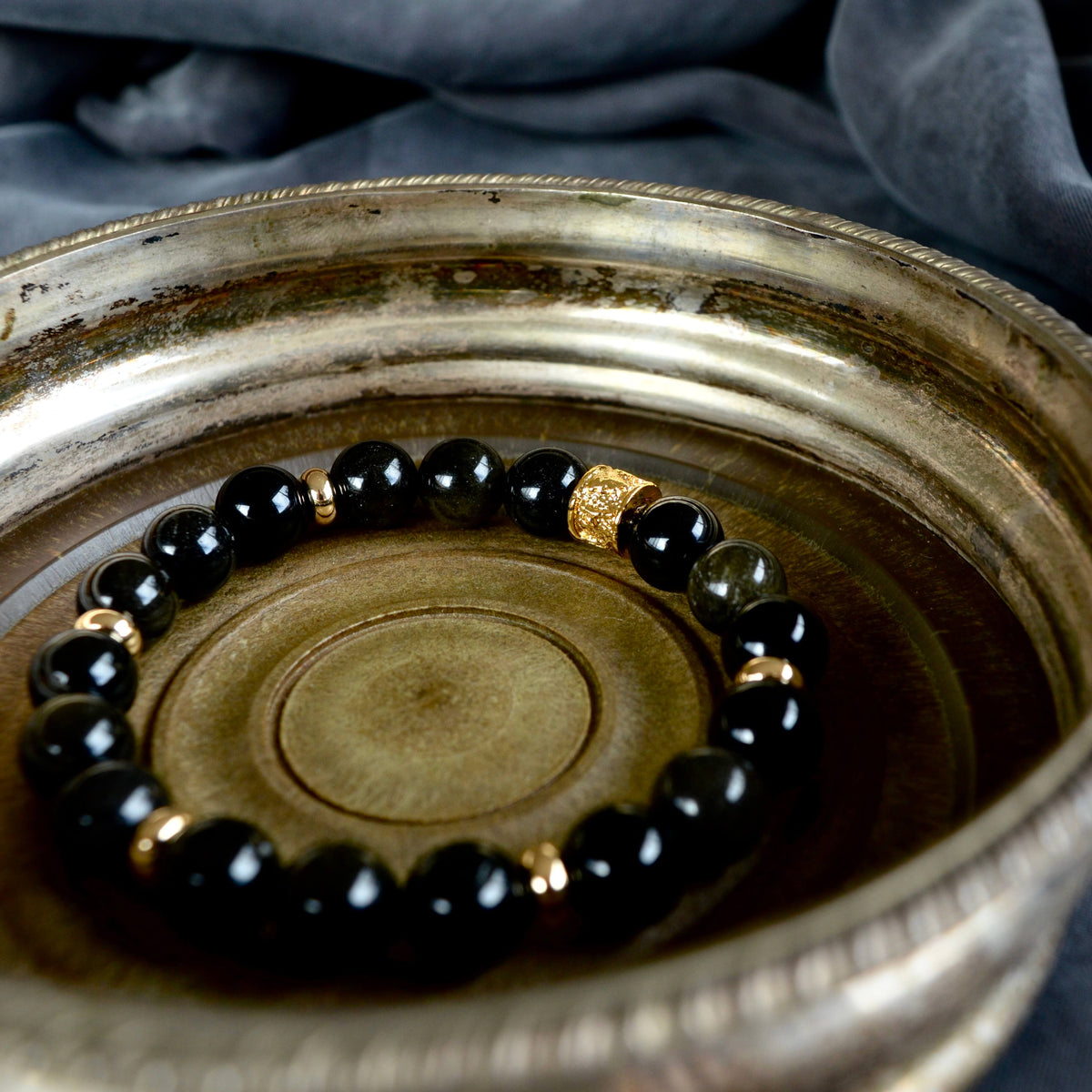 OBSIDIAN & GOLD BEADED BRACELET