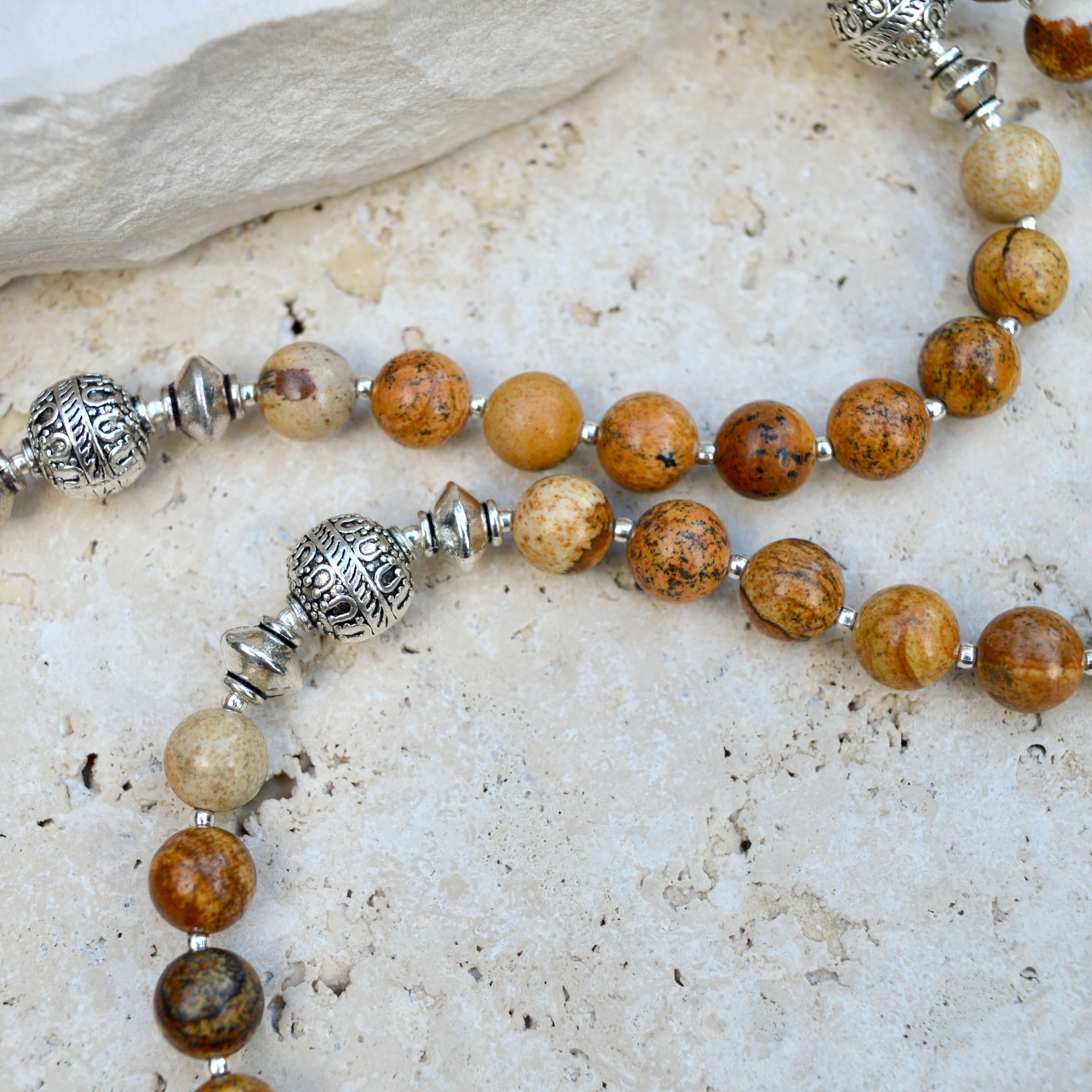 LONG Picture Jasper & Silver BEADED NECKLACE - Headless Nation