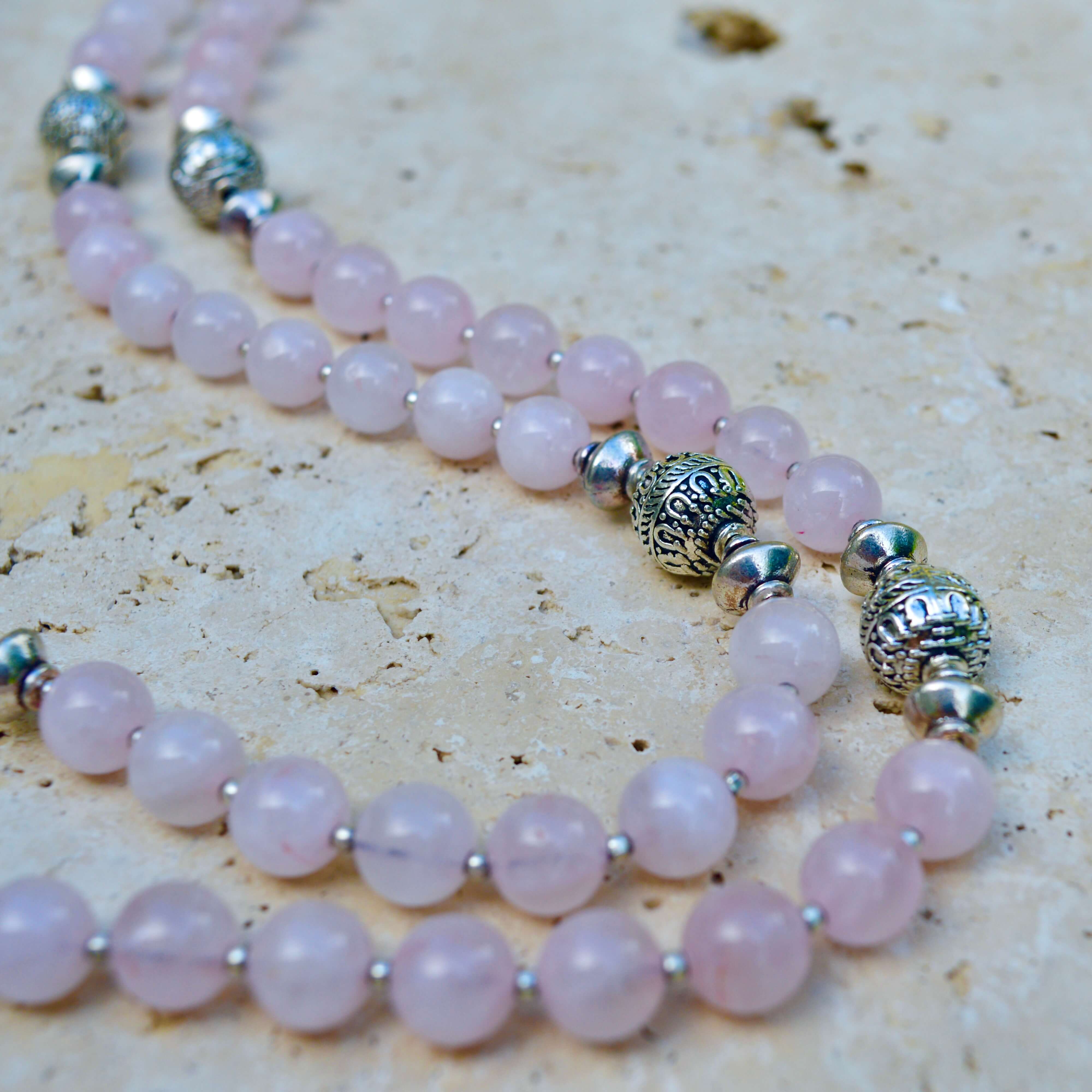 LONG Rose Quartz & Silver BEADED NECKLACE - Headless Nation