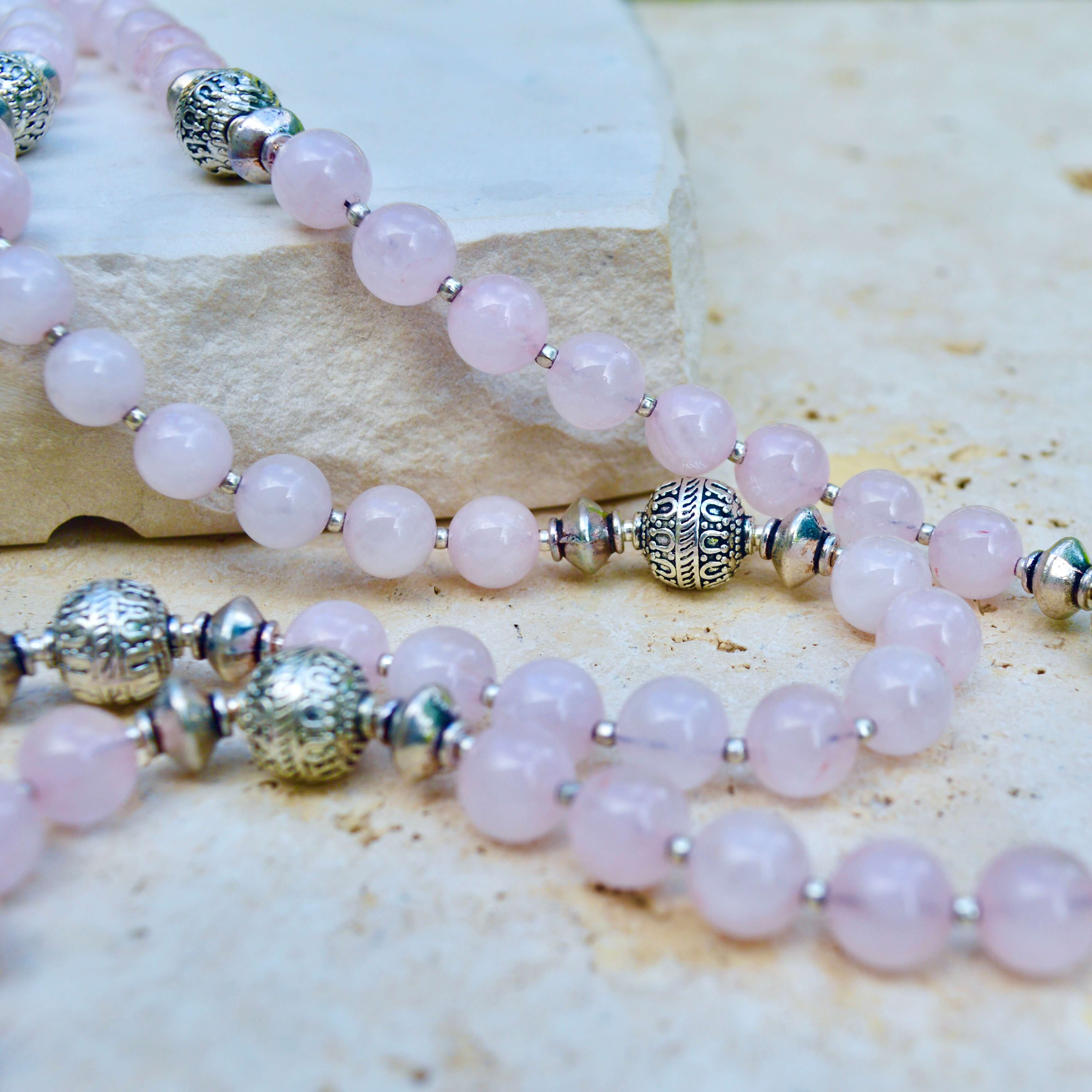 LONG Rose Quartz & Silver BEADED NECKLACE - Headless Nation