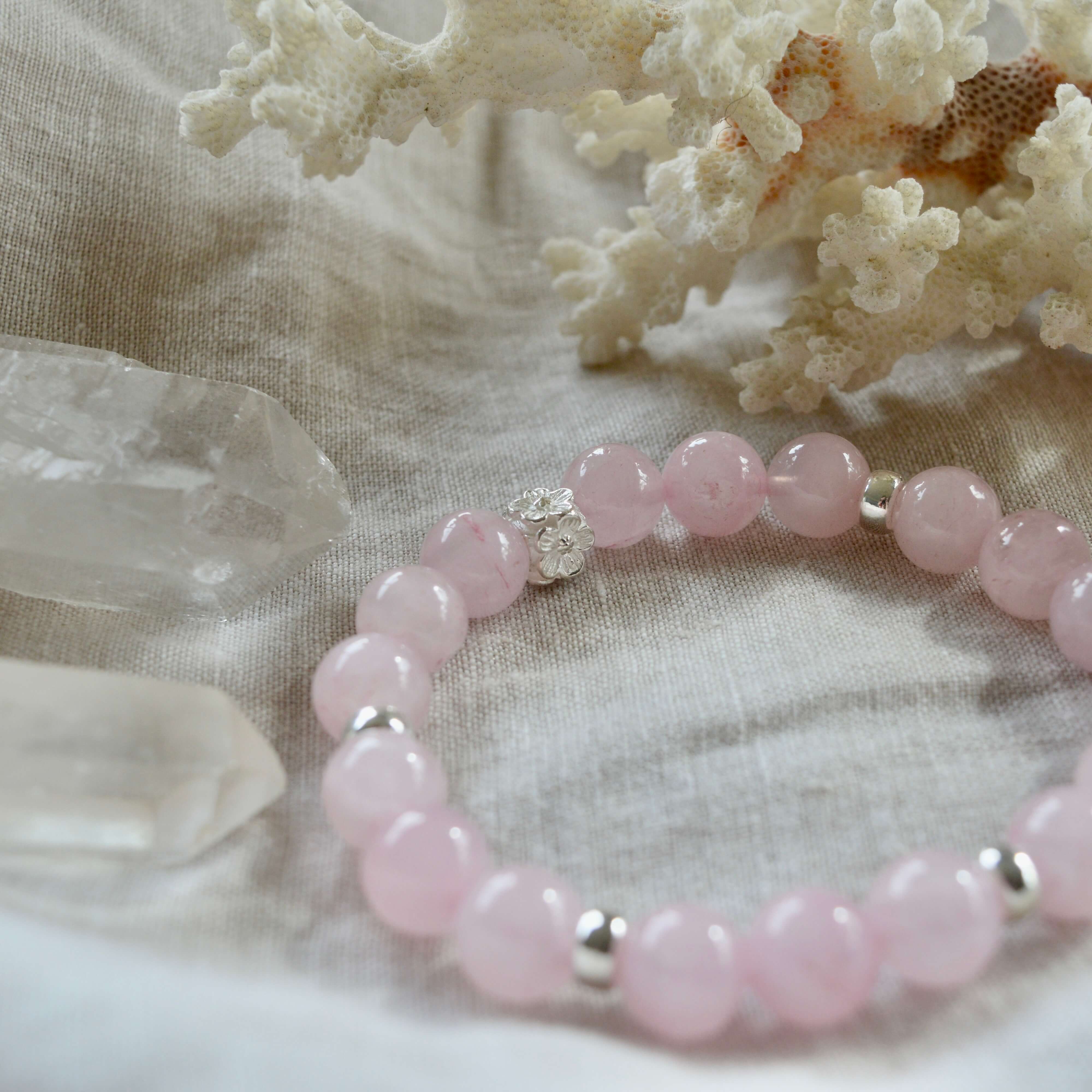 ROSE QUARTZ & STERLING SILVER BEADED BRACELET- - Headless Nation