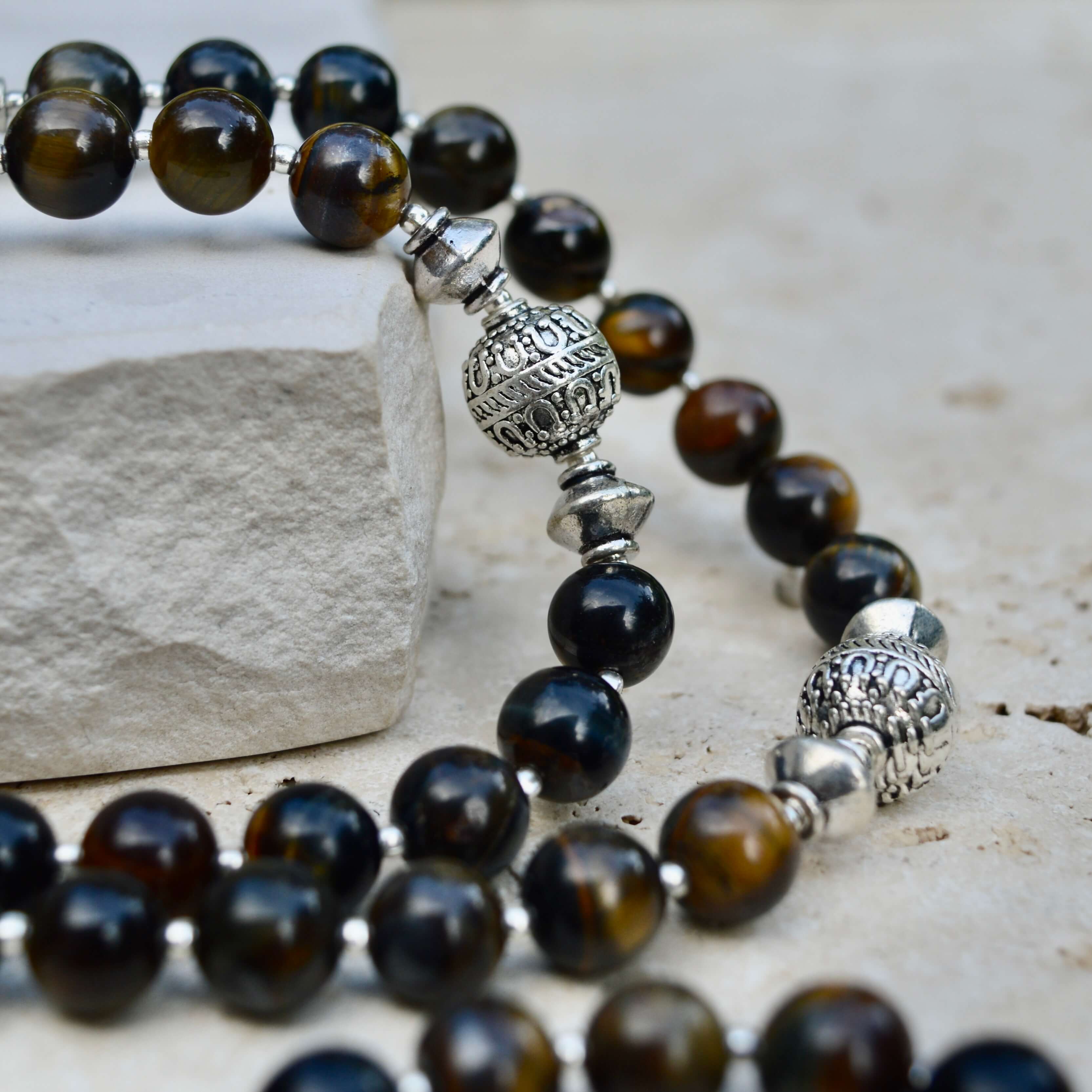 LONG Blue Tigers Eye & Silver BEADED NECKLACE - Headless Nation