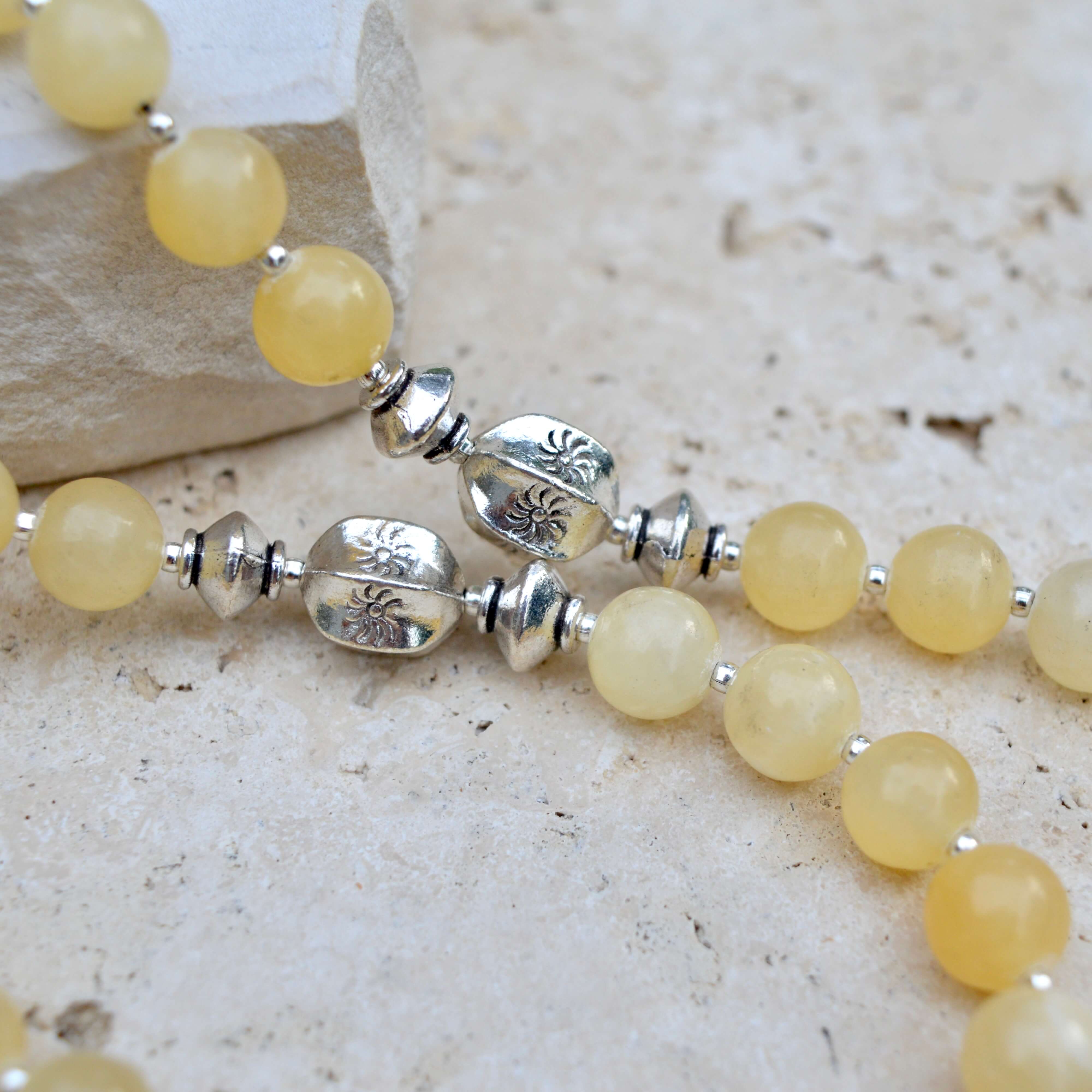 LONG Yellow Jade & Silver BEADED NECKLACE - Headless Nation