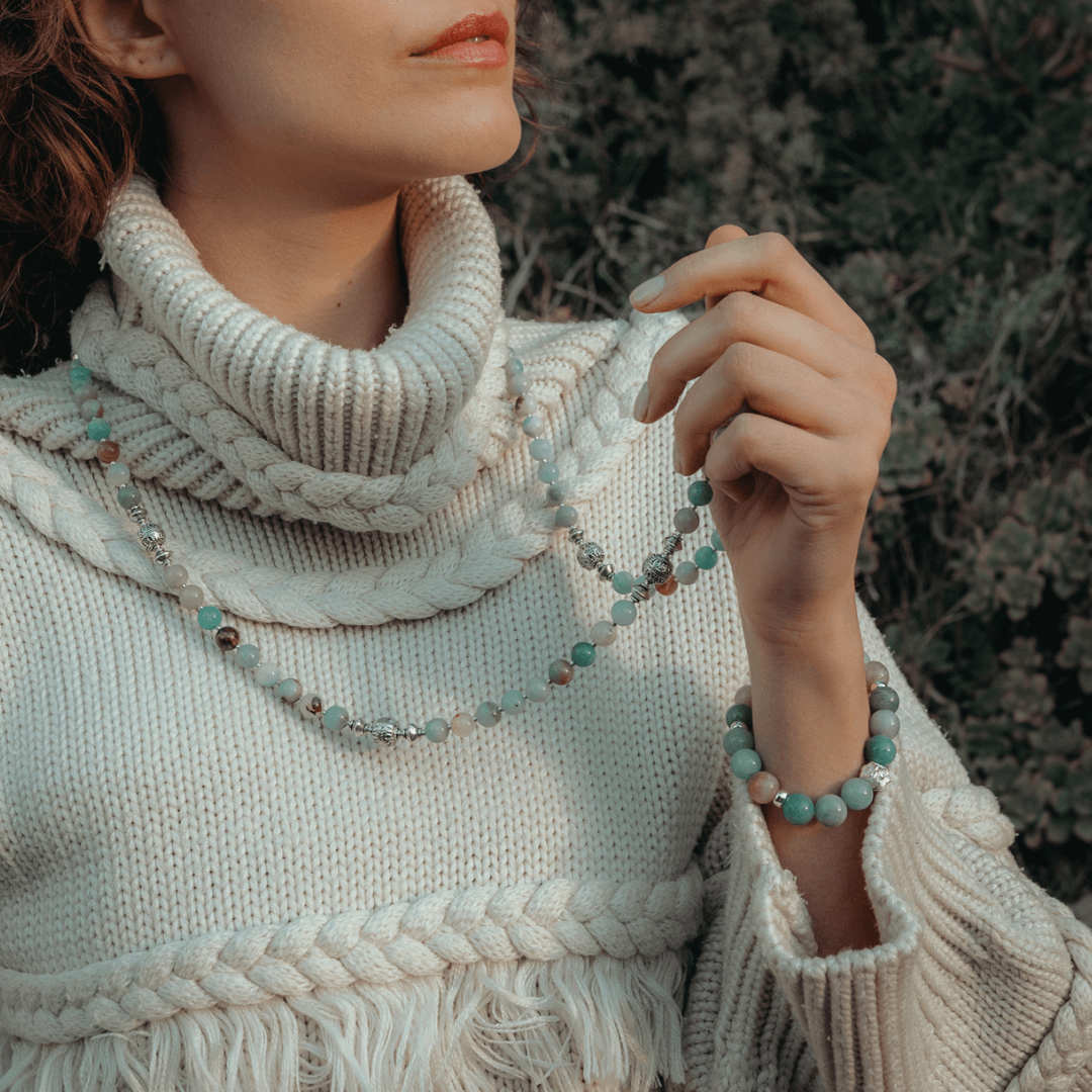 AMAZONITE & STERLING SILVER BEADED BRACELET-