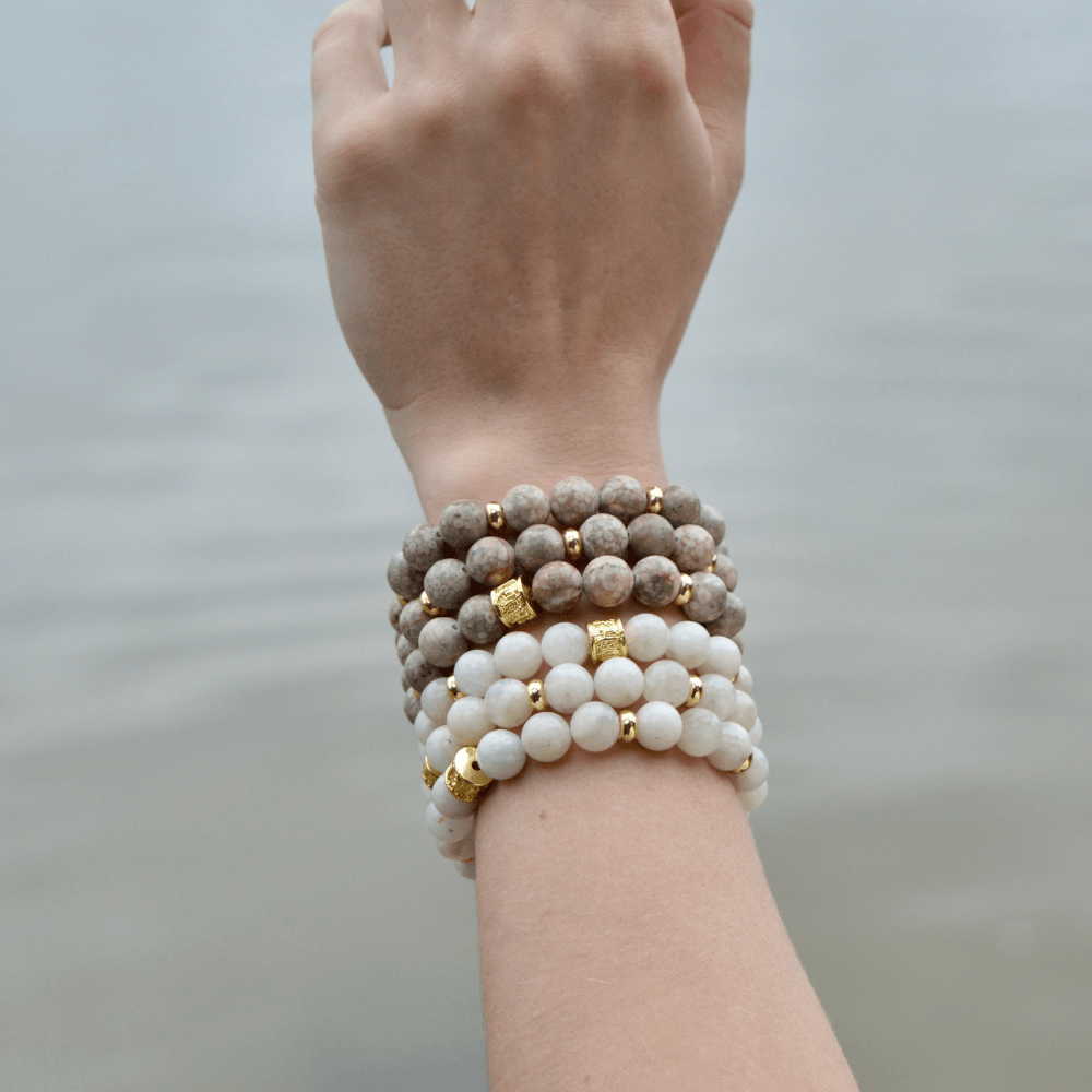 WHITE MOONSTONE & GOLD BEADED BRACELET - HALCYON COLLECTION