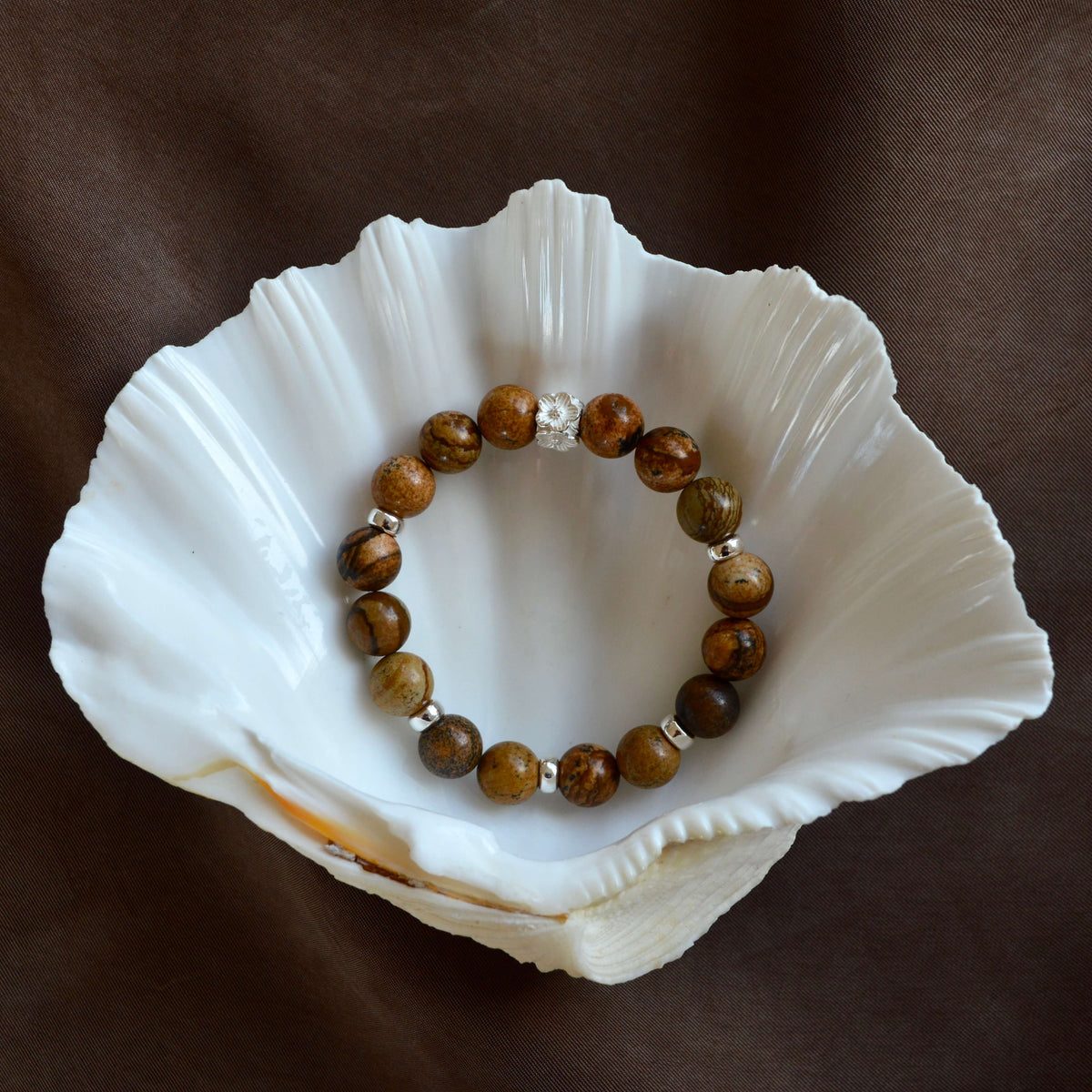 PICTURE JASPER & STERLING SILVER BEADED BRACELET-