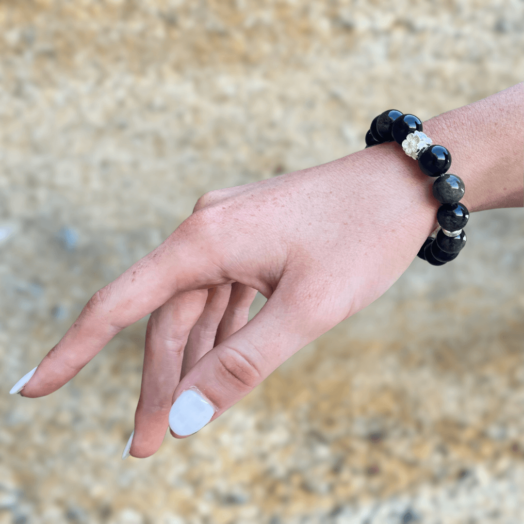 OBSIDIAN & STERLING SILVER BEADED BRACELET - Headless Nation