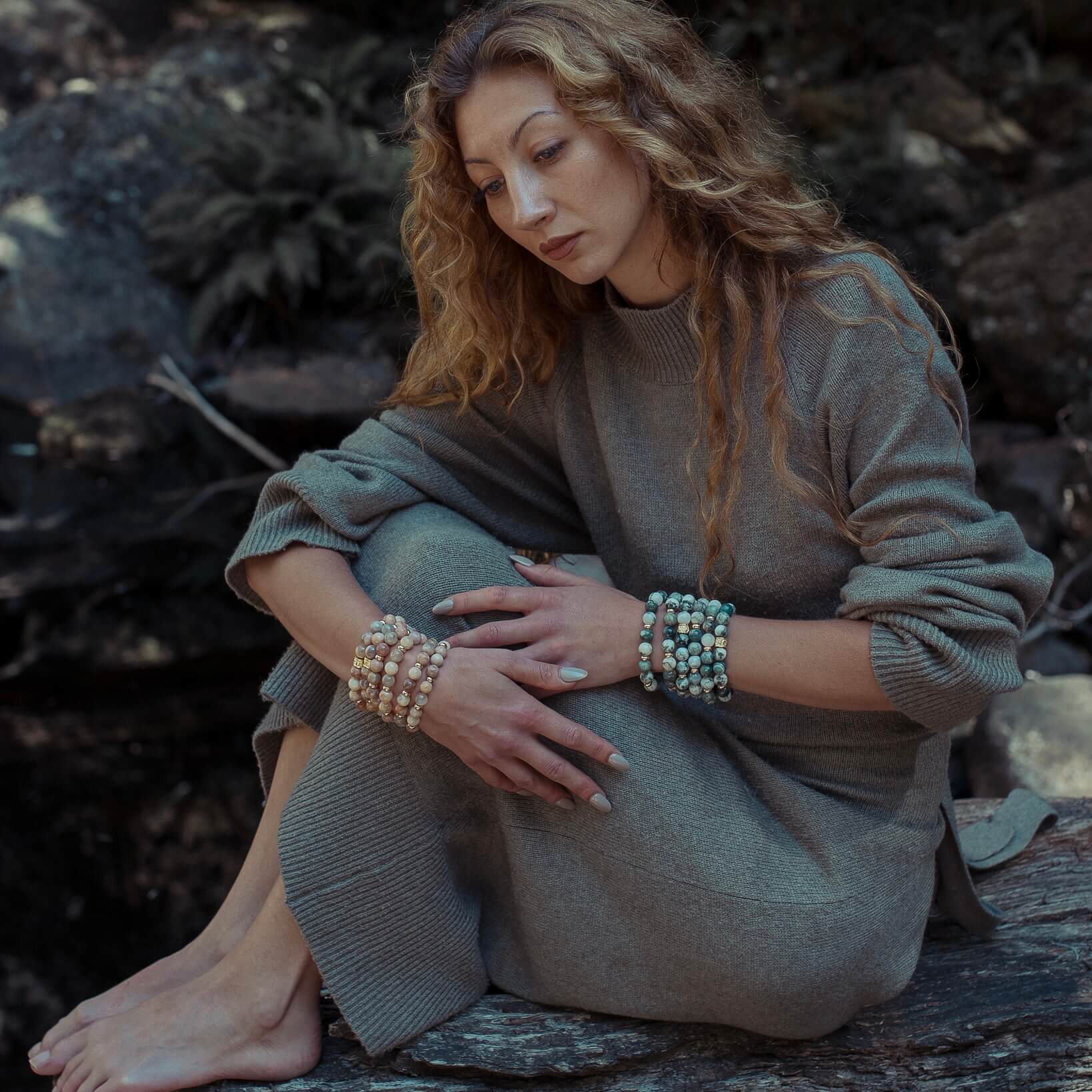 TREE AGATE & GOLD BEADED BRACELET - HALCYON COLLECTION