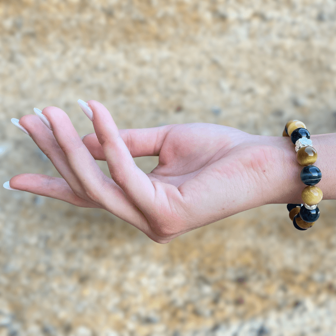 YELLOW AND BLUE TIGERS EYE & STERLING SILVER BEADED BRACELET- - Headless Nation