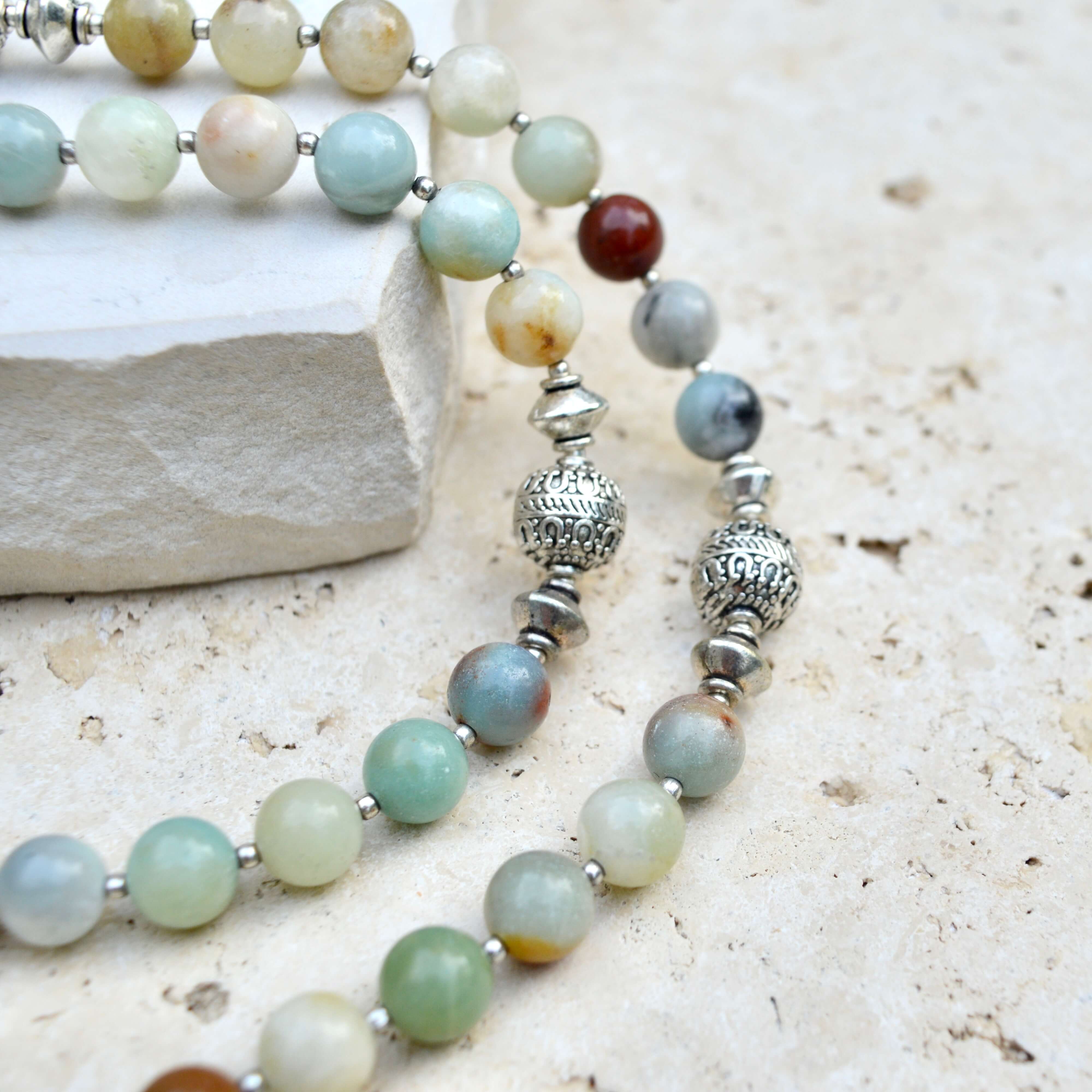 LONG Amazonite & Silver BEADED NECKLACE - Headless Nation