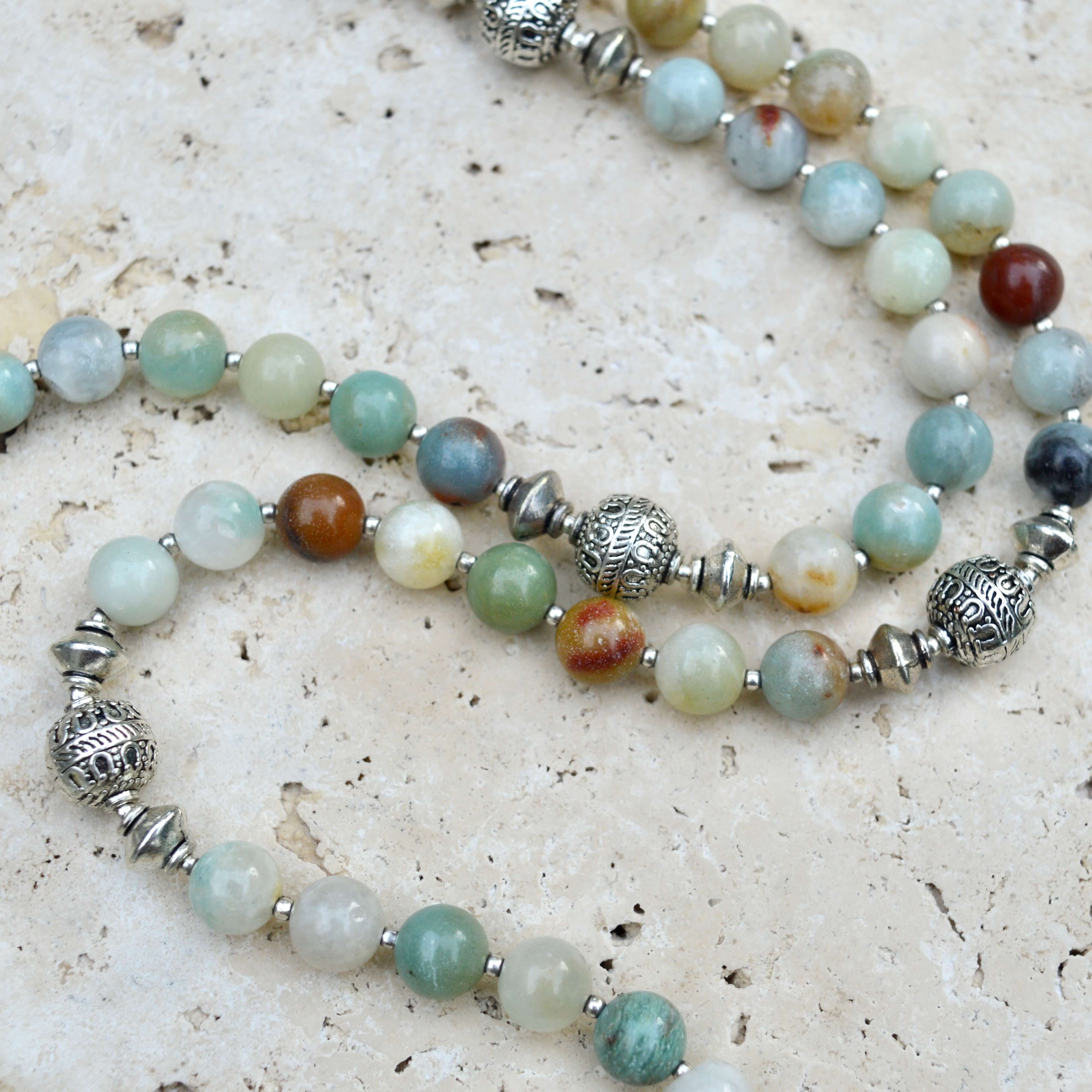 LONG Amazonite & Silver BEADED NECKLACE