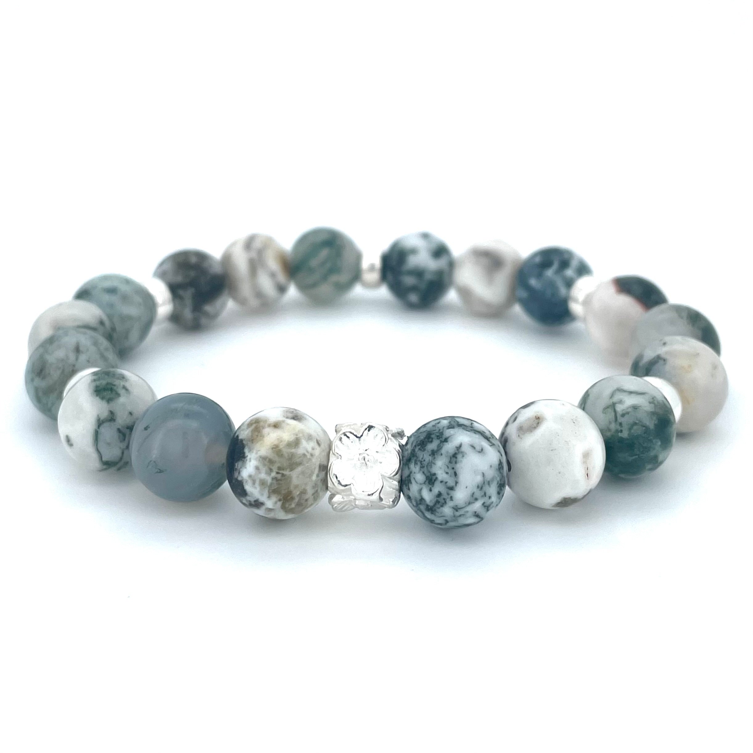 TREE AGATE & STERLING SILVER BEADED BRACELET- - Headless Nation