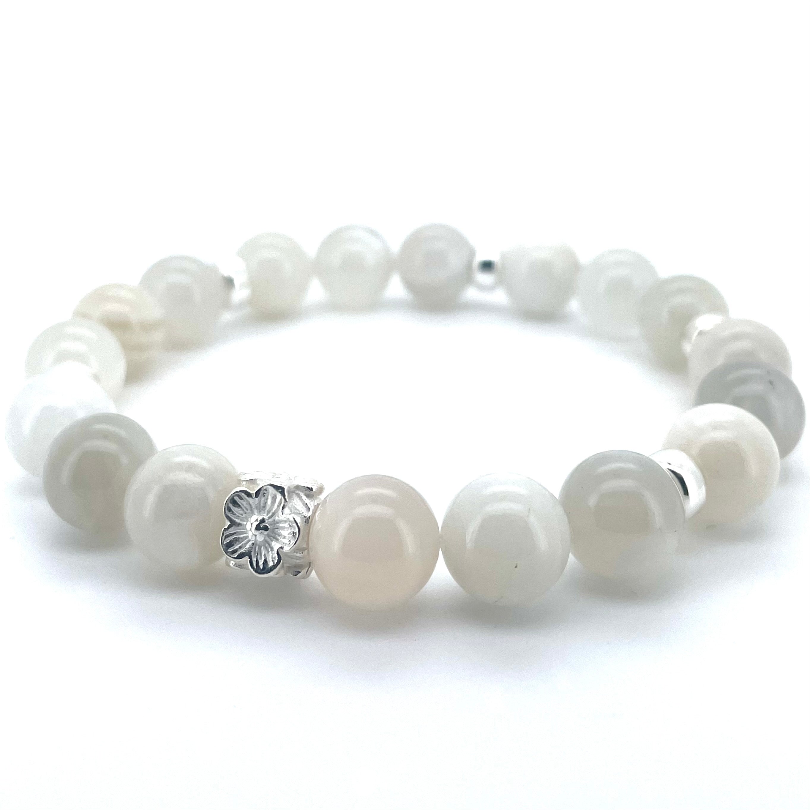 WHITE MOONSTONE & STERLING SILVER BEADED BRACELET- - Headless Nation