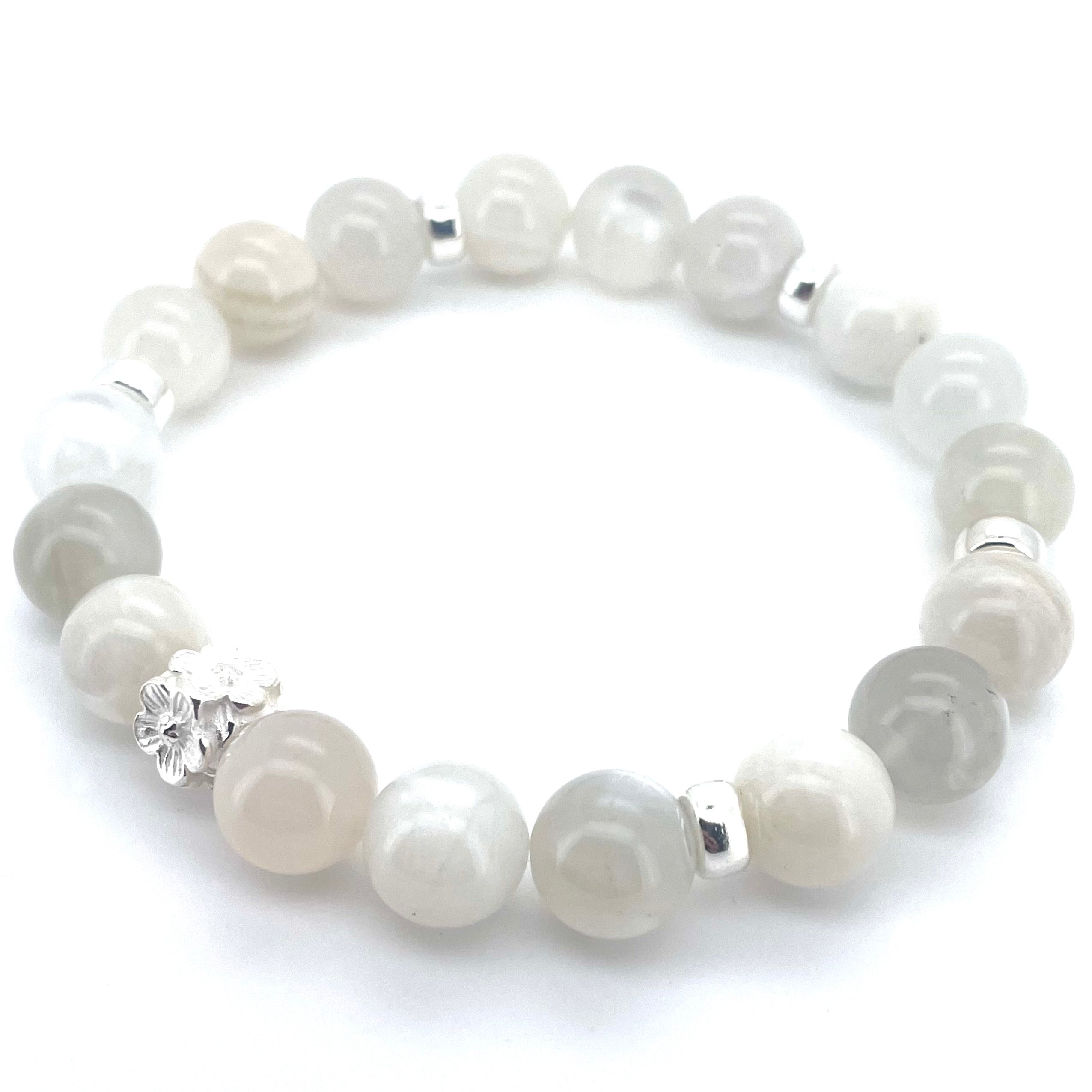 WHITE MOONSTONE & STERLING SILVER BEADED BRACELET- - Headless Nation