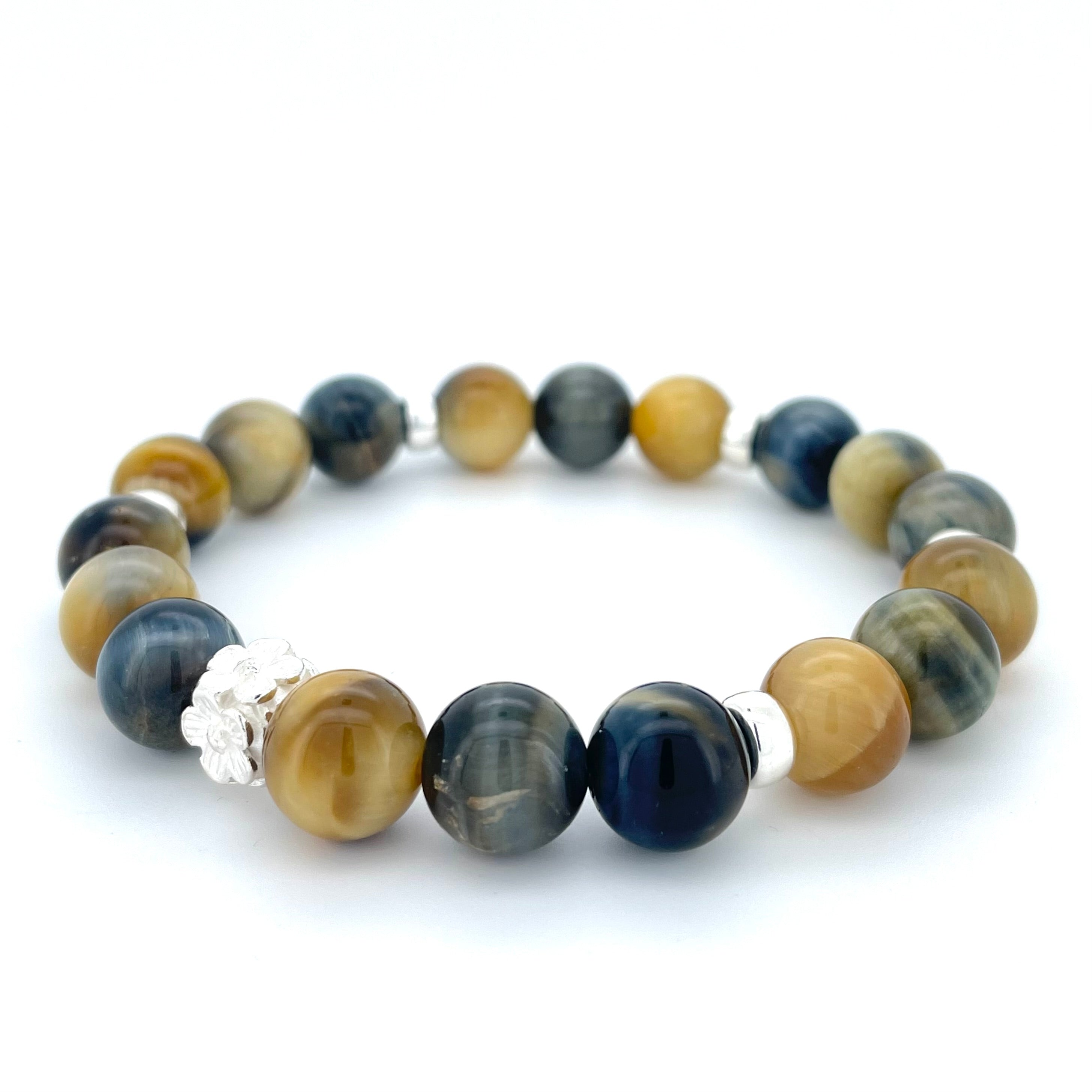 YELLOW AND BLUE TIGERS EYE & STERLING SILVER BEADED BRACELET- - Headless Nation