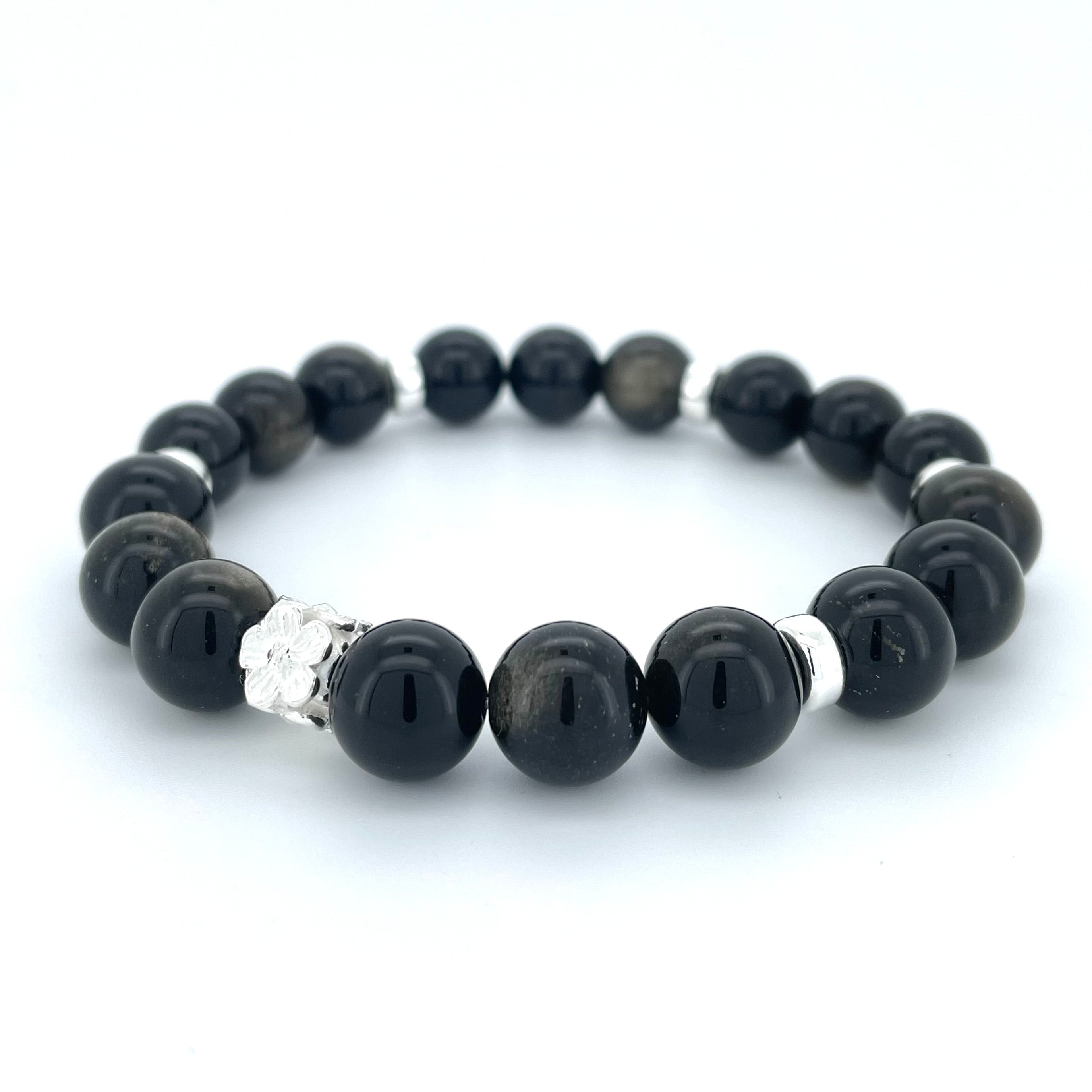 OBSIDIAN & STERLING SILVER BEADED BRACELET- - Headless Nation