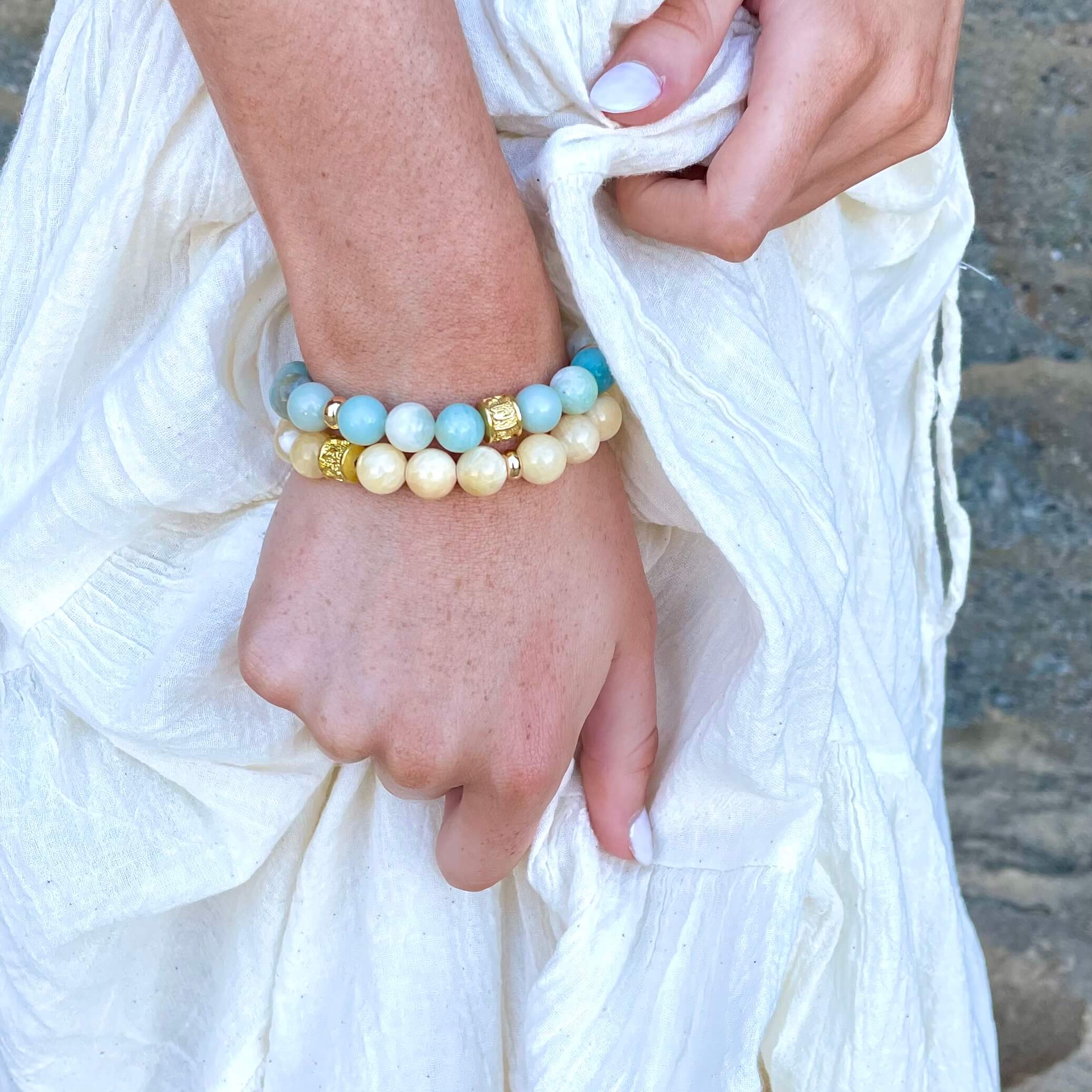 AQUAMARINE & GOLD BEADED BRACELET - HALCYON COLLECTION - Headless Nation