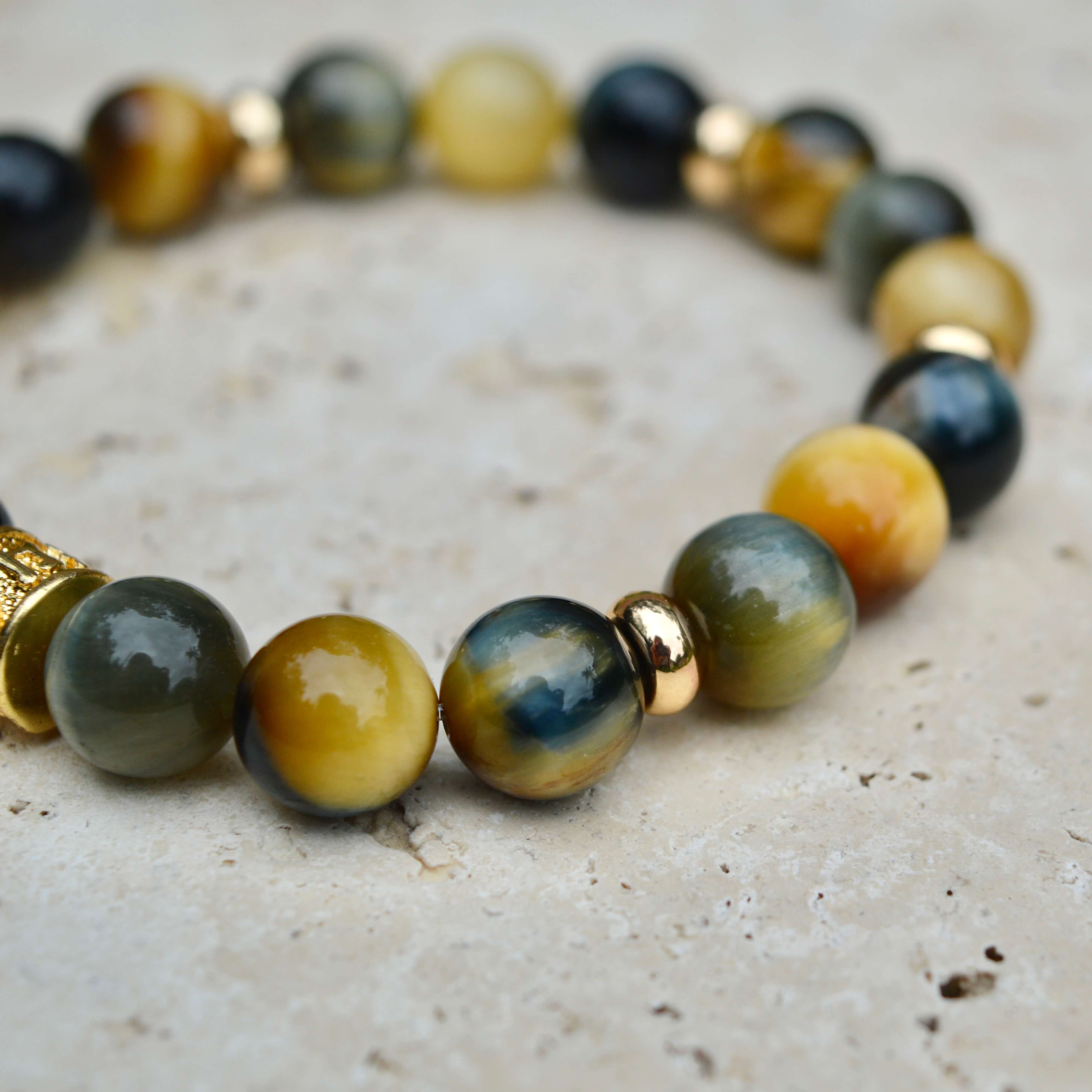 YELLOW & BLUE TIGERS EYE-  GOLD BEADED BRACELET - HALCYON COLLECTION - Headless Nation
