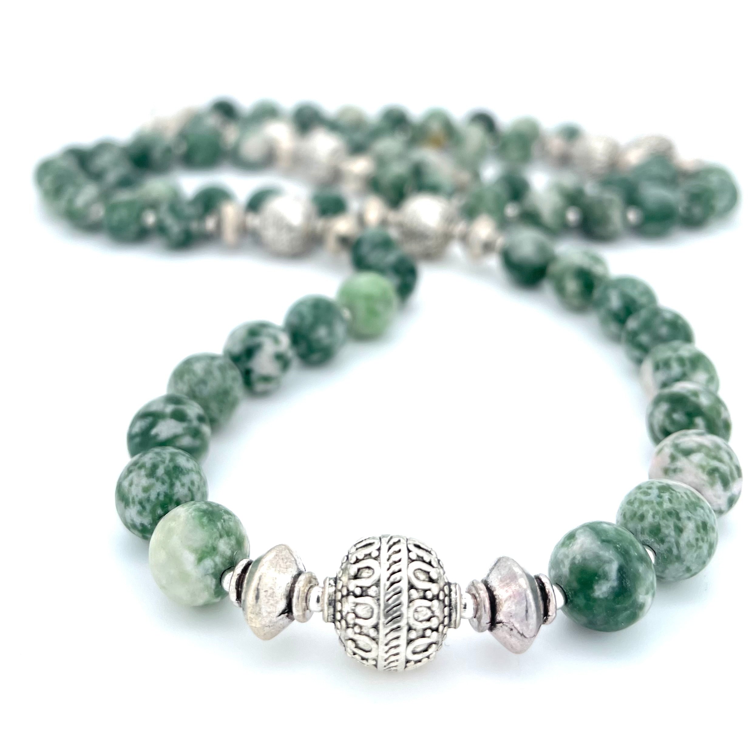 LONG Greenspot Jasper & Silver BEADED NECKLACE - Headless Nation