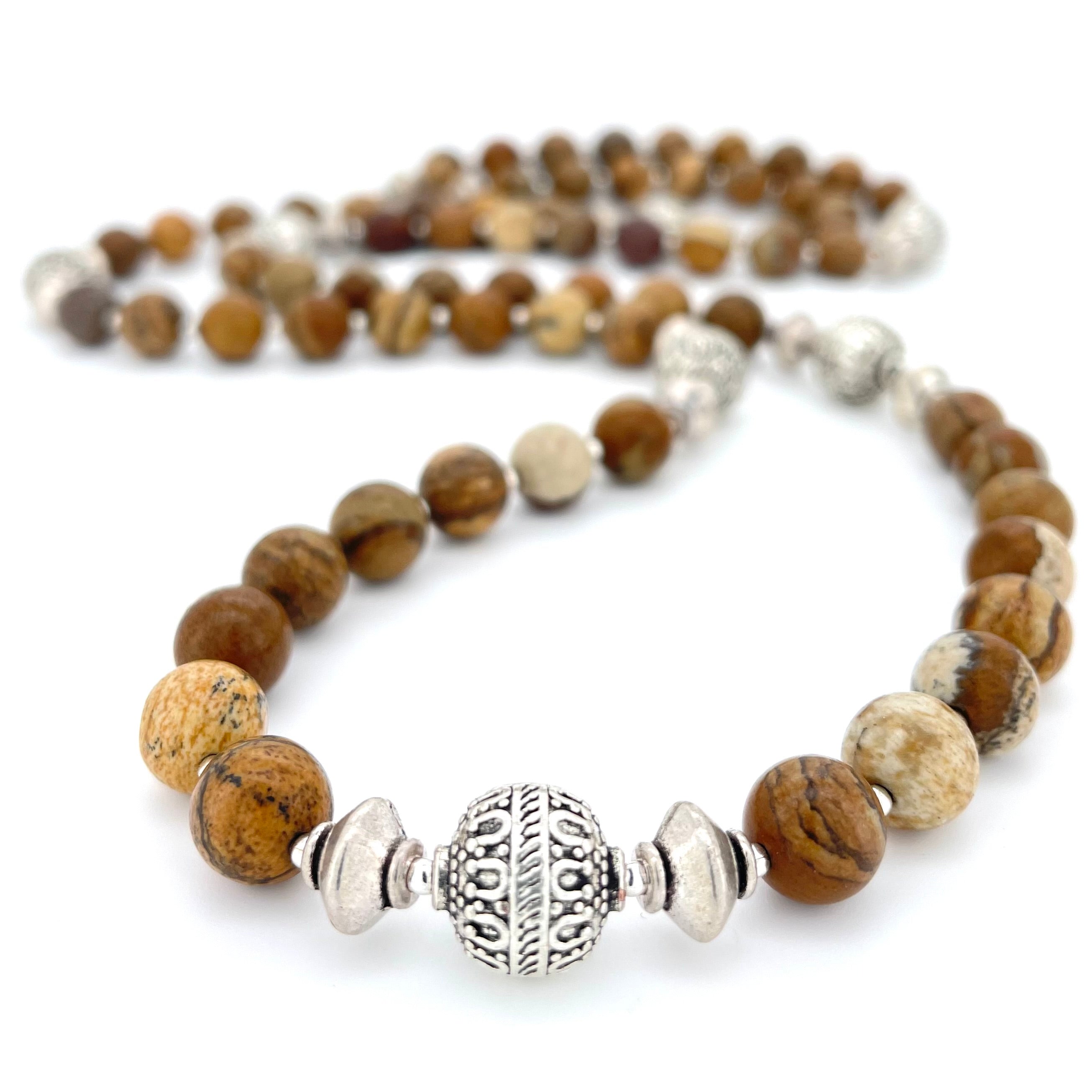 LONG Picture Jasper & Silver BEADED NECKLACE - Headless Nation