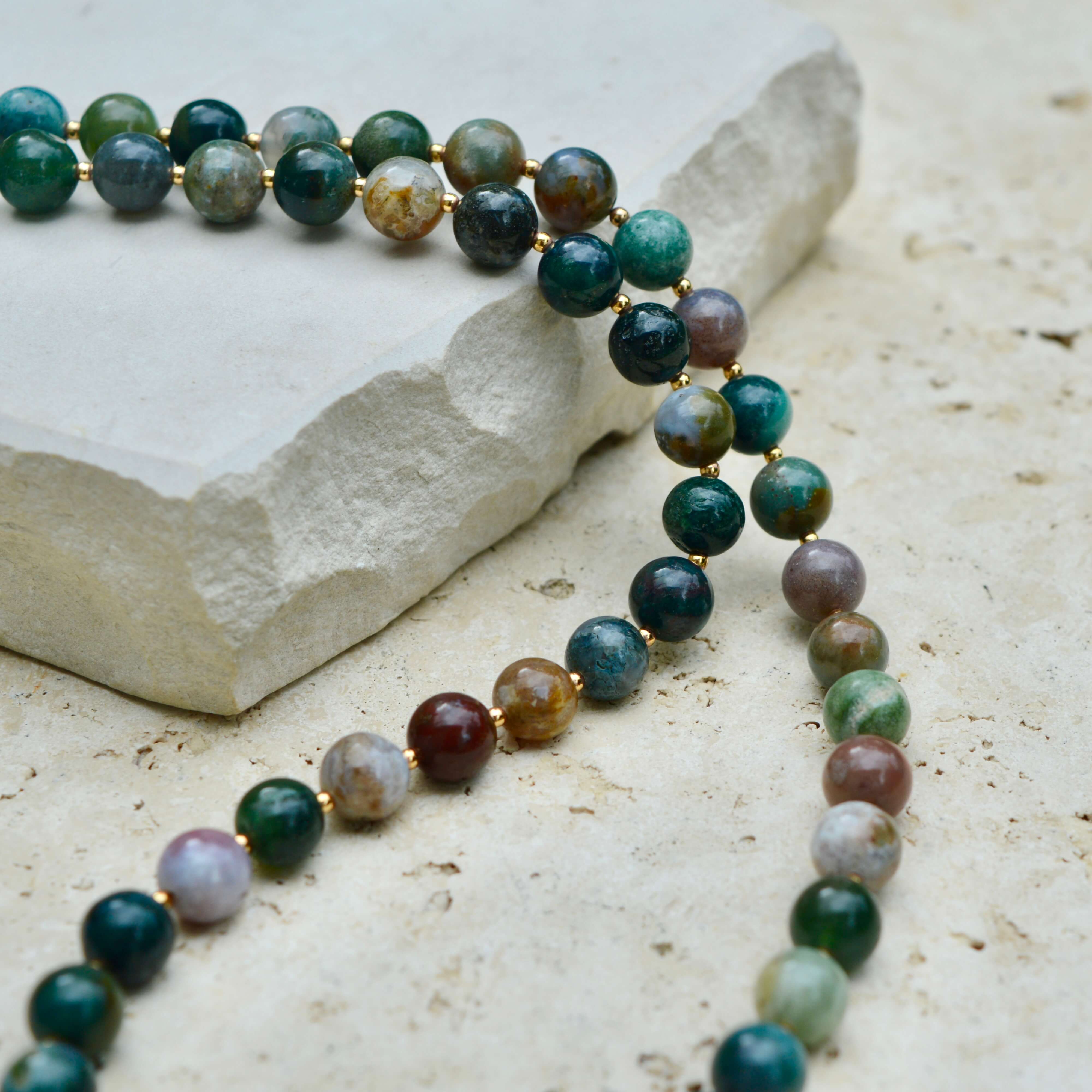 LONG Indian Agate & Gold BEADED NECKLACE - Headless Nation