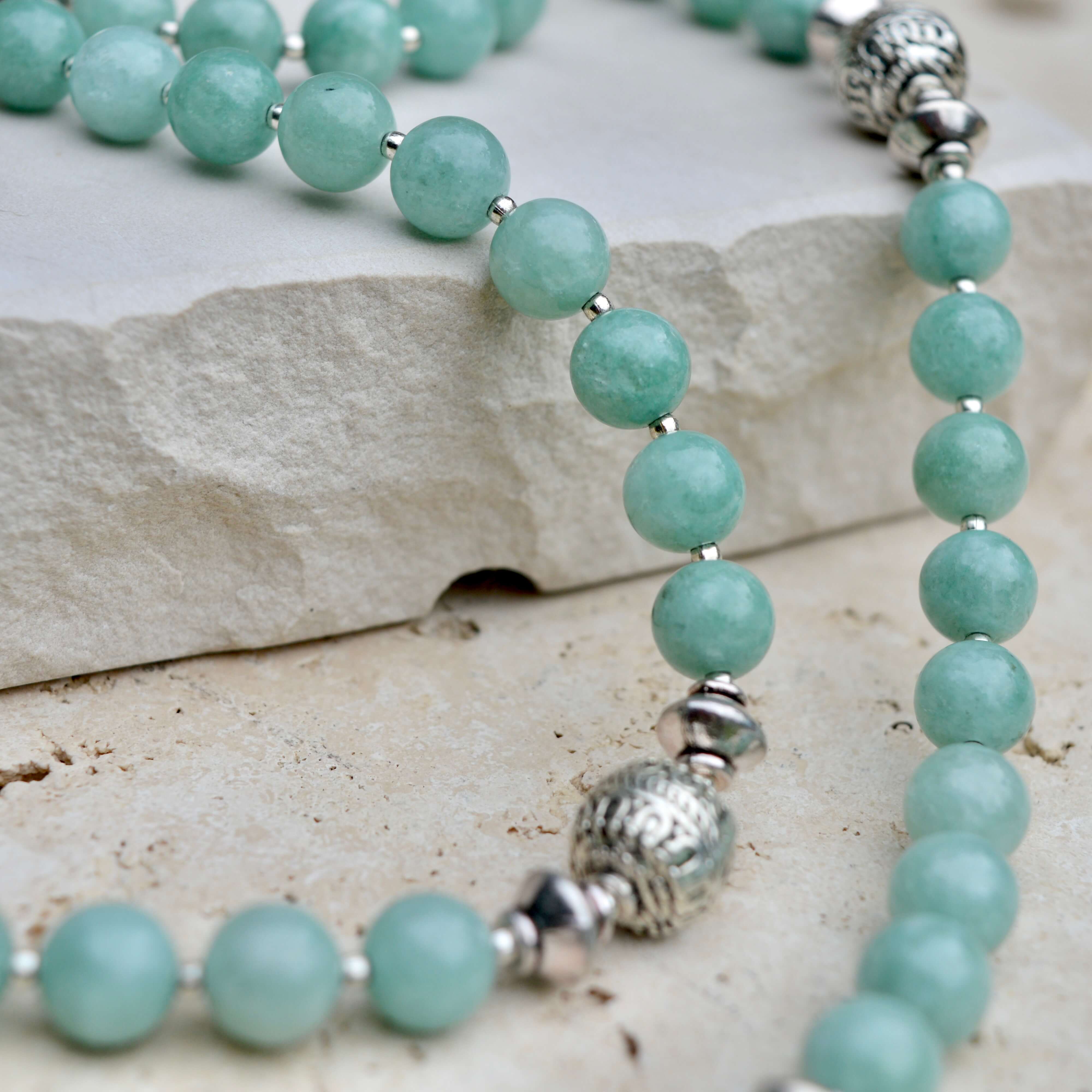 LONG Jade & Silver BEADED NECKLACE