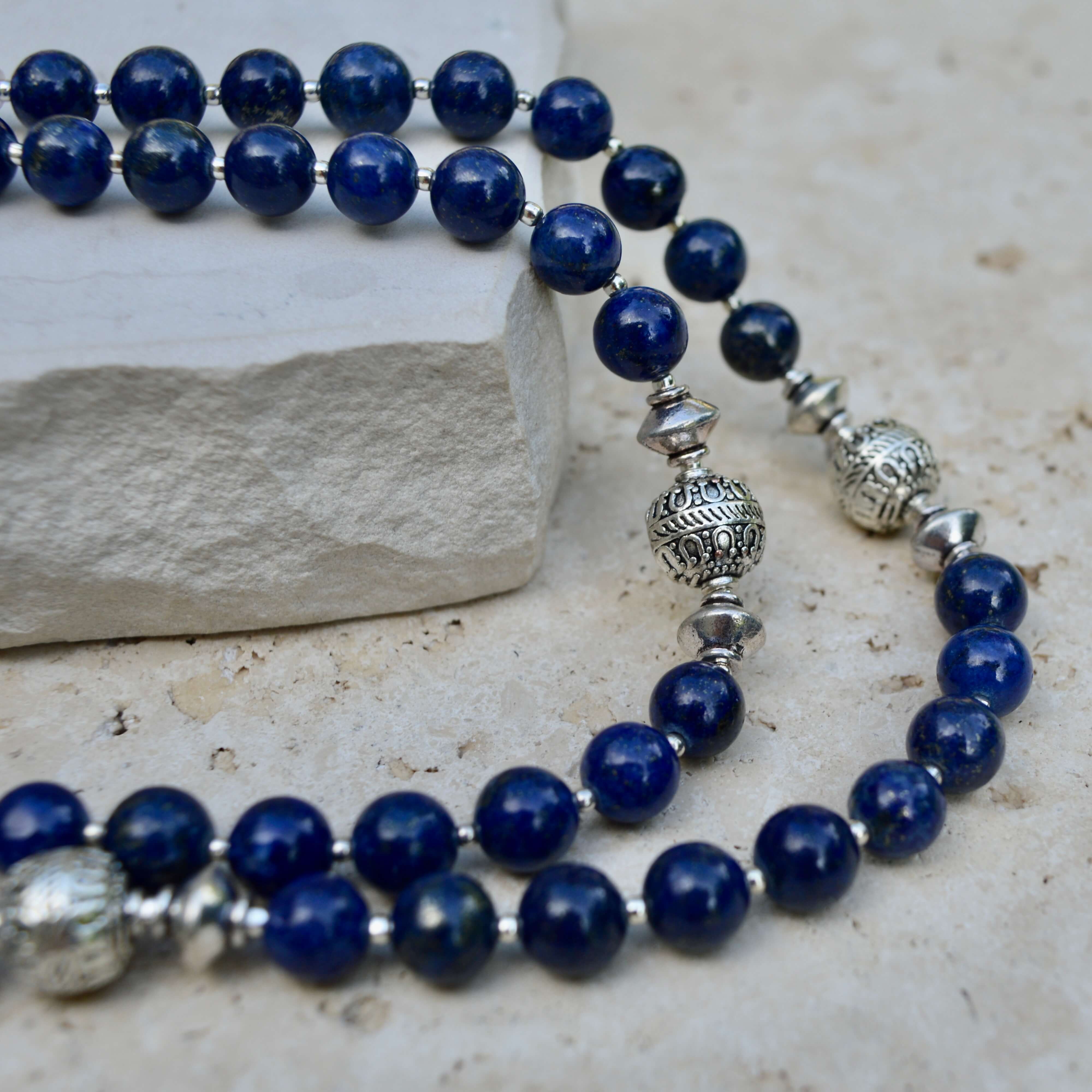 LONG Lapis Lazuli & Silver BEADED NECKLACE - Headless Nation