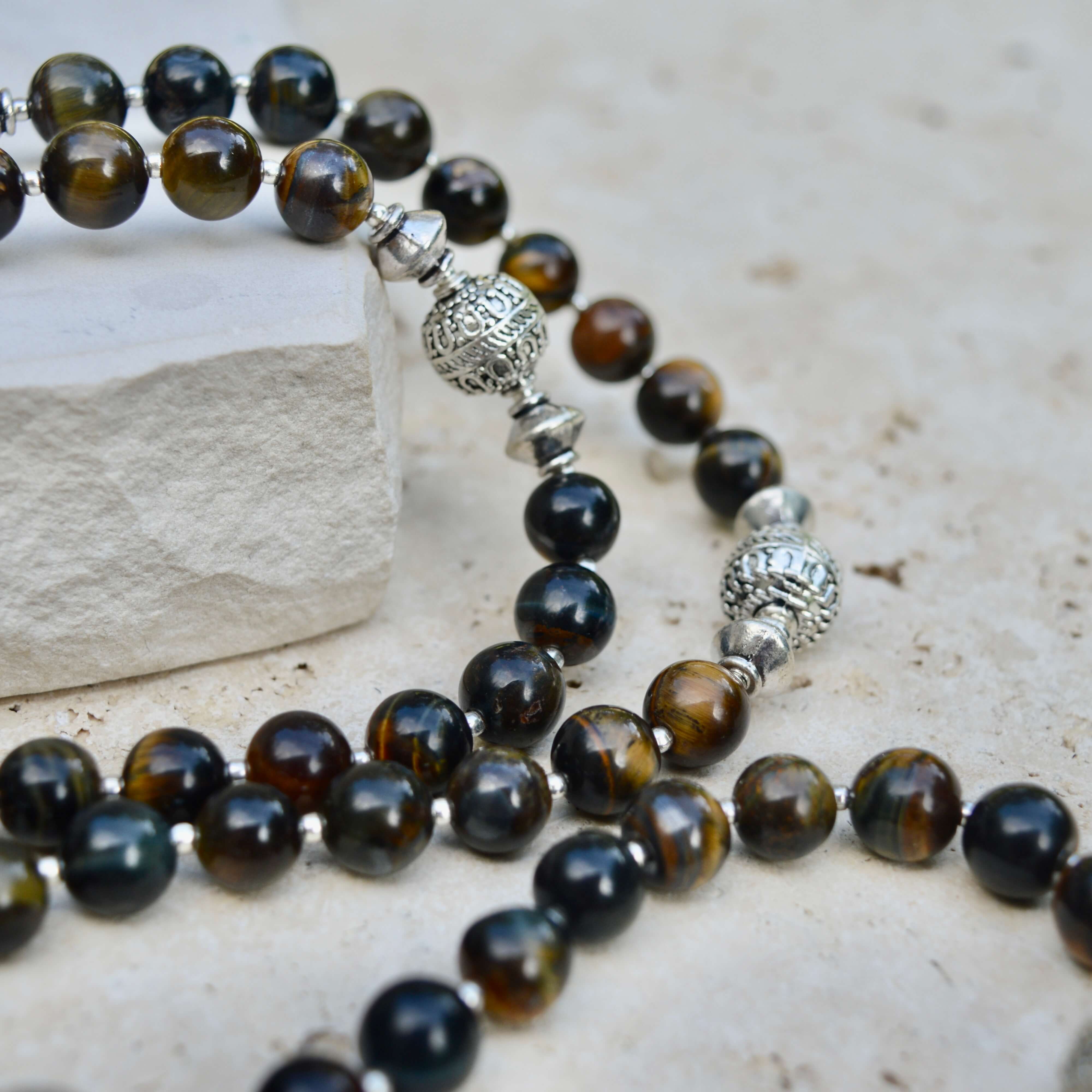 LONG Blue Tigers Eye & Silver BEADED NECKLACE - Headless Nation