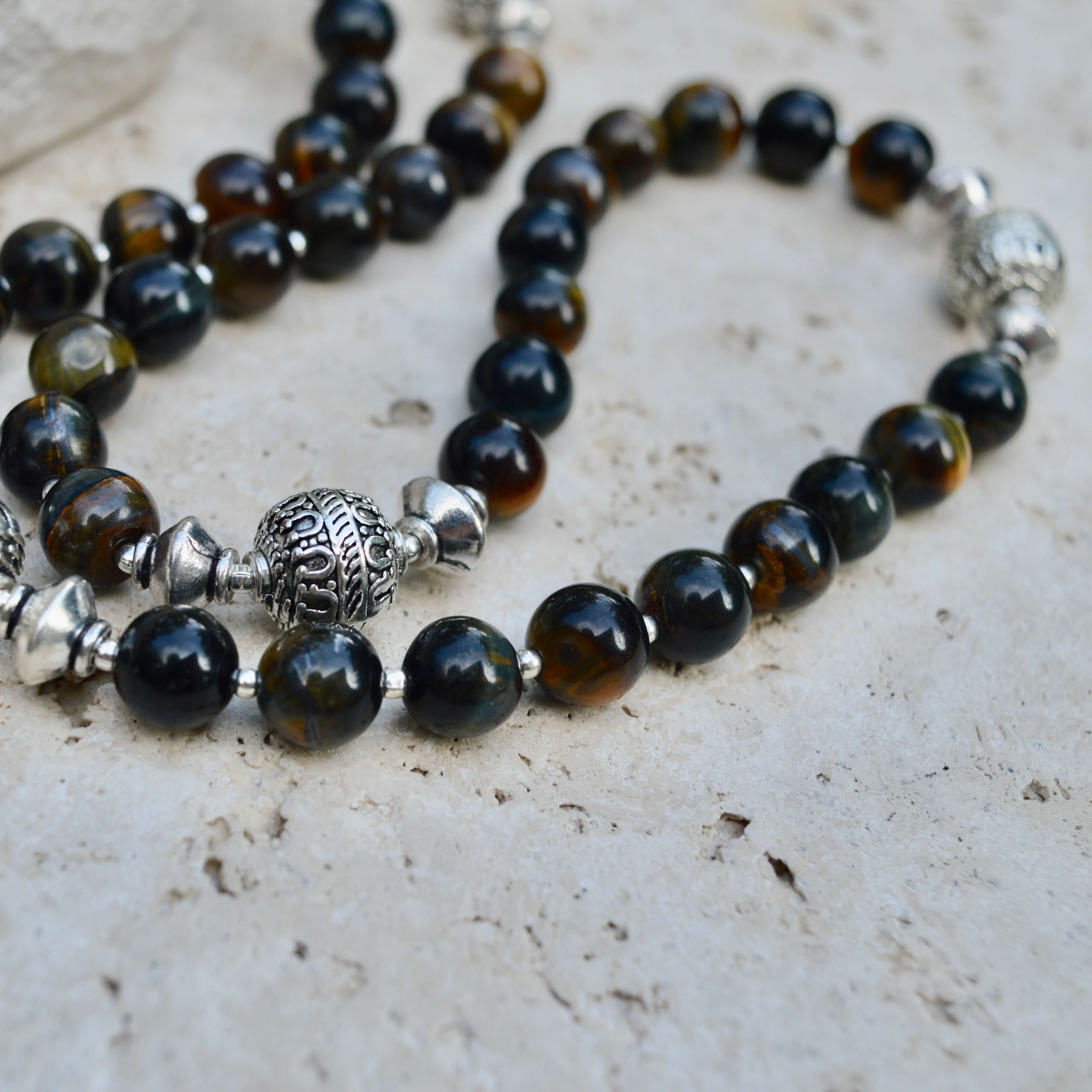 LONG Blue Tigers Eye & Silver BEADED NECKLACE - Headless Nation