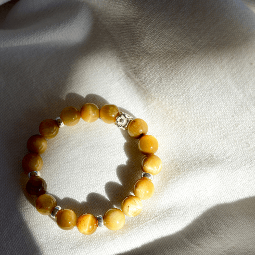 GOLDEN TIGERS EYE & STERLING SILVER BEADED BRACELET