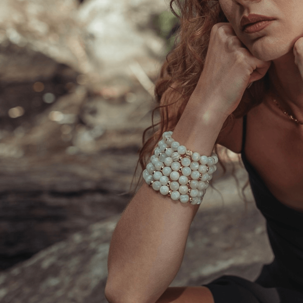 WHITE MOONSTONE & GOLD BEADED BRACELET - HALCYON COLLECTION