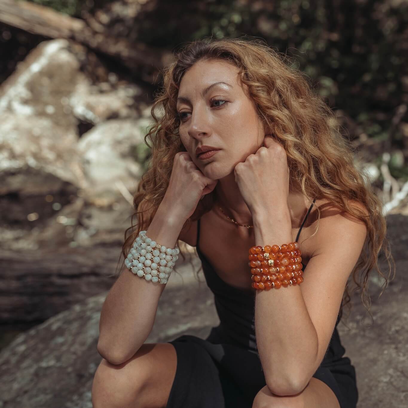 WHITE MOONSTONE & GOLD BEADED BRACELET - HALCYON COLLECTION