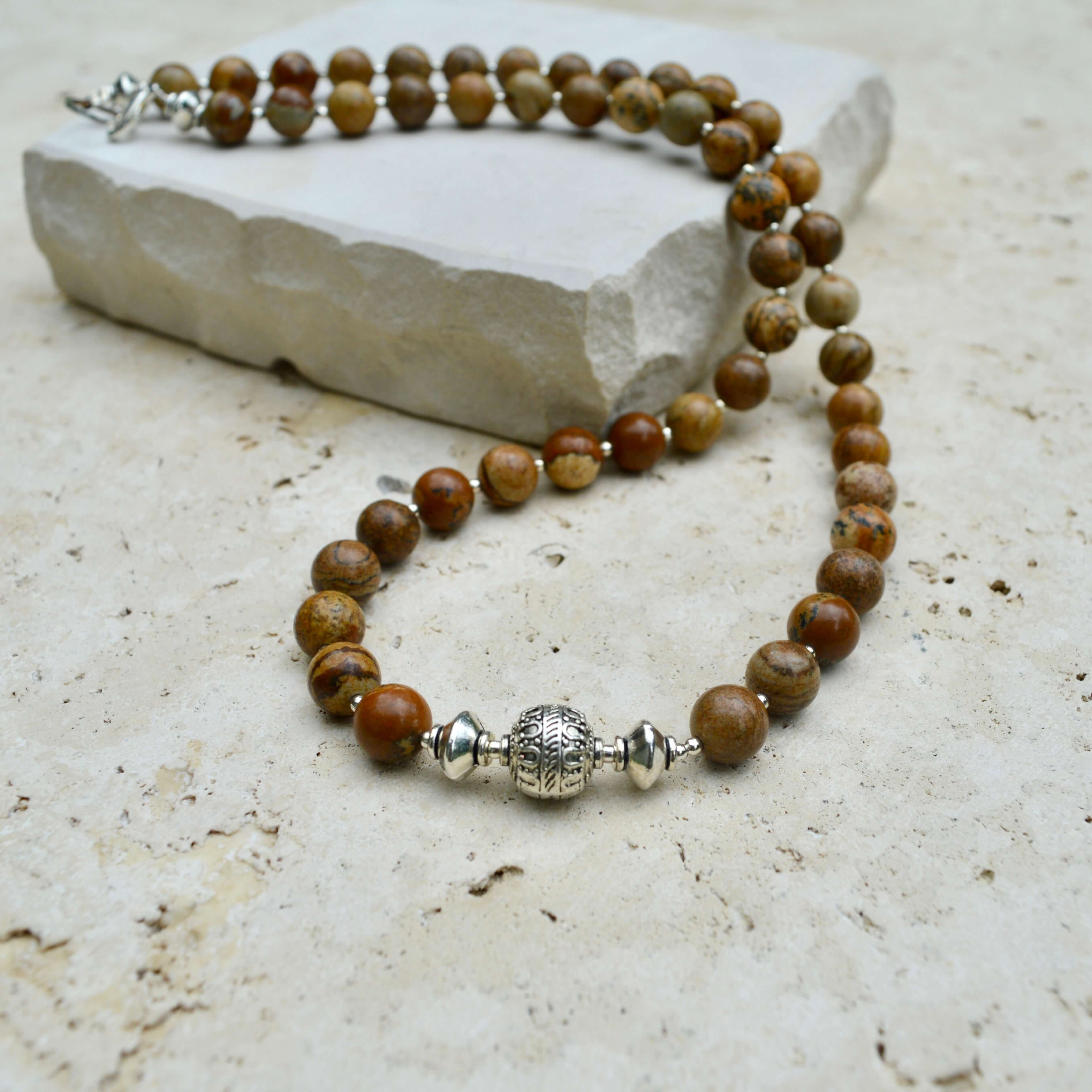 SHORT Picture Jasper & Silver BEADED NECKLACE - Headless Nation