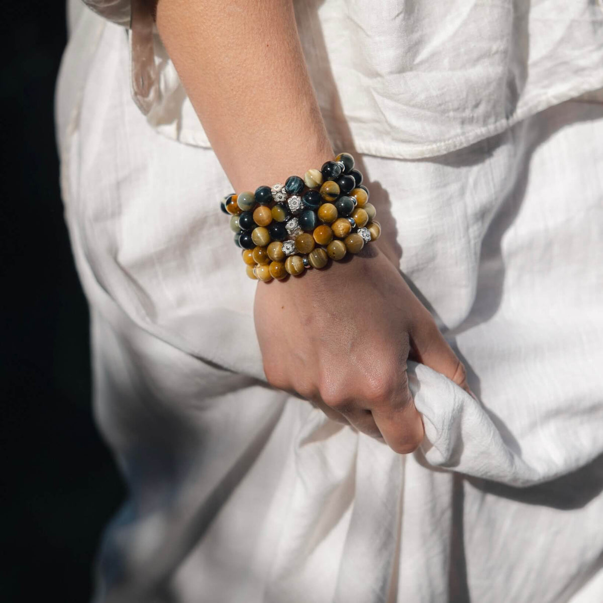 YELLOW AND BLUE TIGERS EYE & STERLING SILVER BEADED BRACELET-
